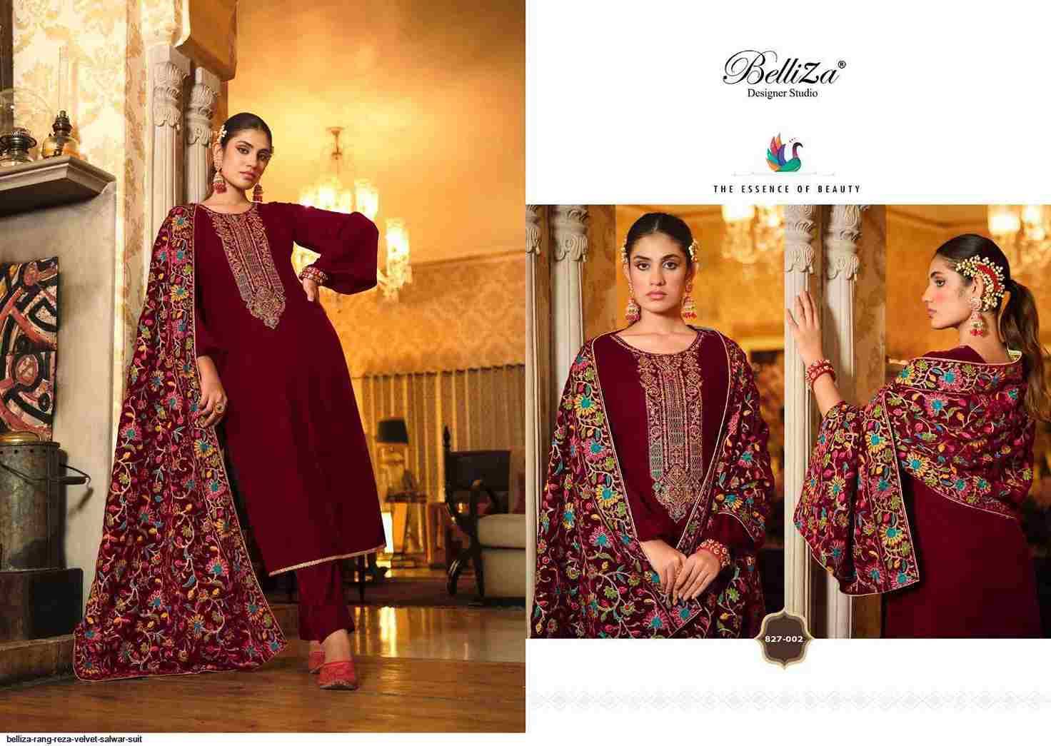 Rang Reza By Belliza 827-001 To 827-006 Series Beautiful Festive Suits Colorful Stylish Fancy Casual Wear & Ethnic Wear Pure Velvet Embroidered Dresses At Wholesale Price