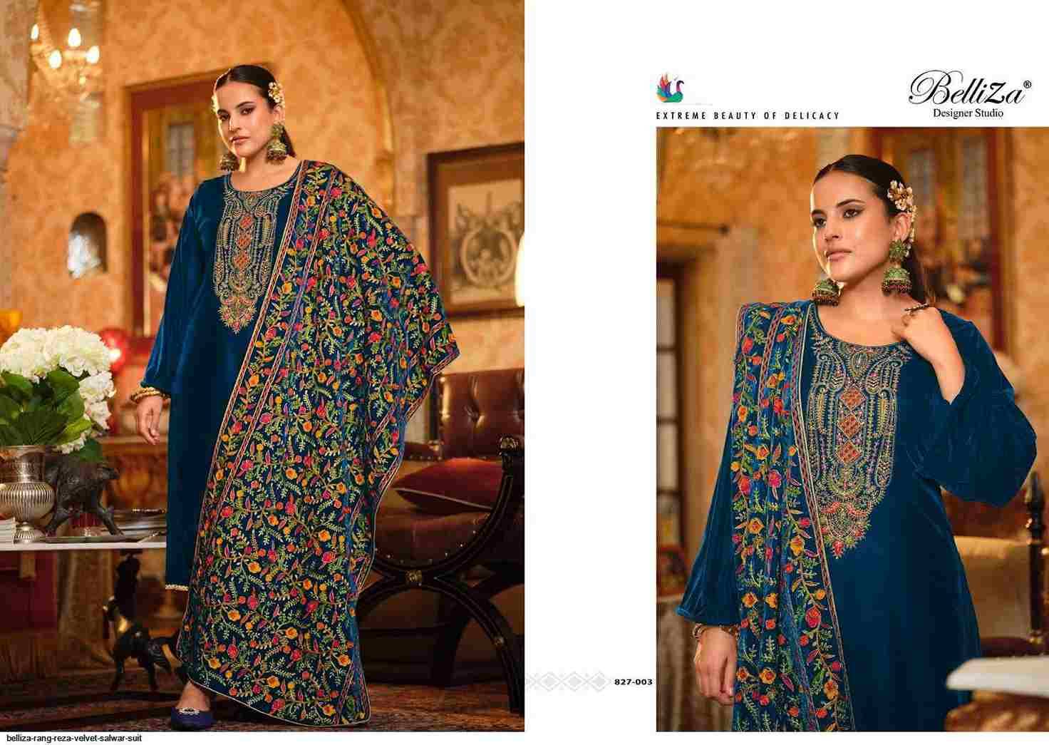Rang Reza By Belliza 827-001 To 827-006 Series Beautiful Festive Suits Colorful Stylish Fancy Casual Wear & Ethnic Wear Pure Velvet Embroidered Dresses At Wholesale Price