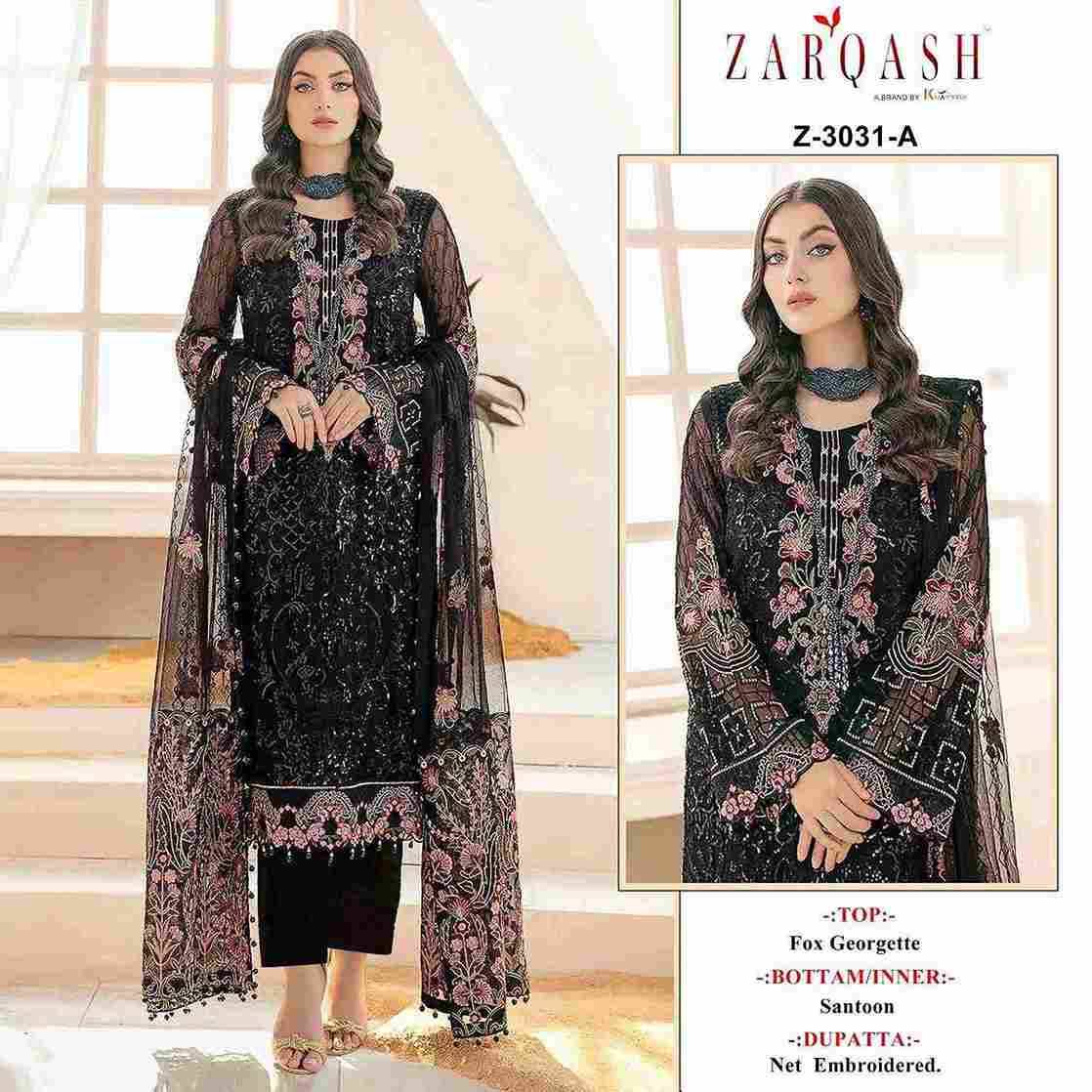 Zarqash Hit Design 3031 Colours By Zarqash 3031-A To 3031-C Series Designer Pakistani Suits Collection Beautiful Stylish Colorful Fancy Party Wear & Occasional Wear Faux Georgette Dresses At Wholesale Price