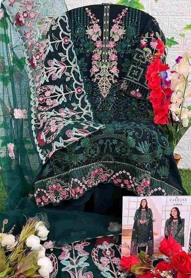 Zarqash Hit Design 3031 Colours By Zarqash 3031-A To 3031-C Series Designer Pakistani Suits Collection Beautiful Stylish Colorful Fancy Party Wear & Occasional Wear Faux Georgette Dresses At Wholesale Price