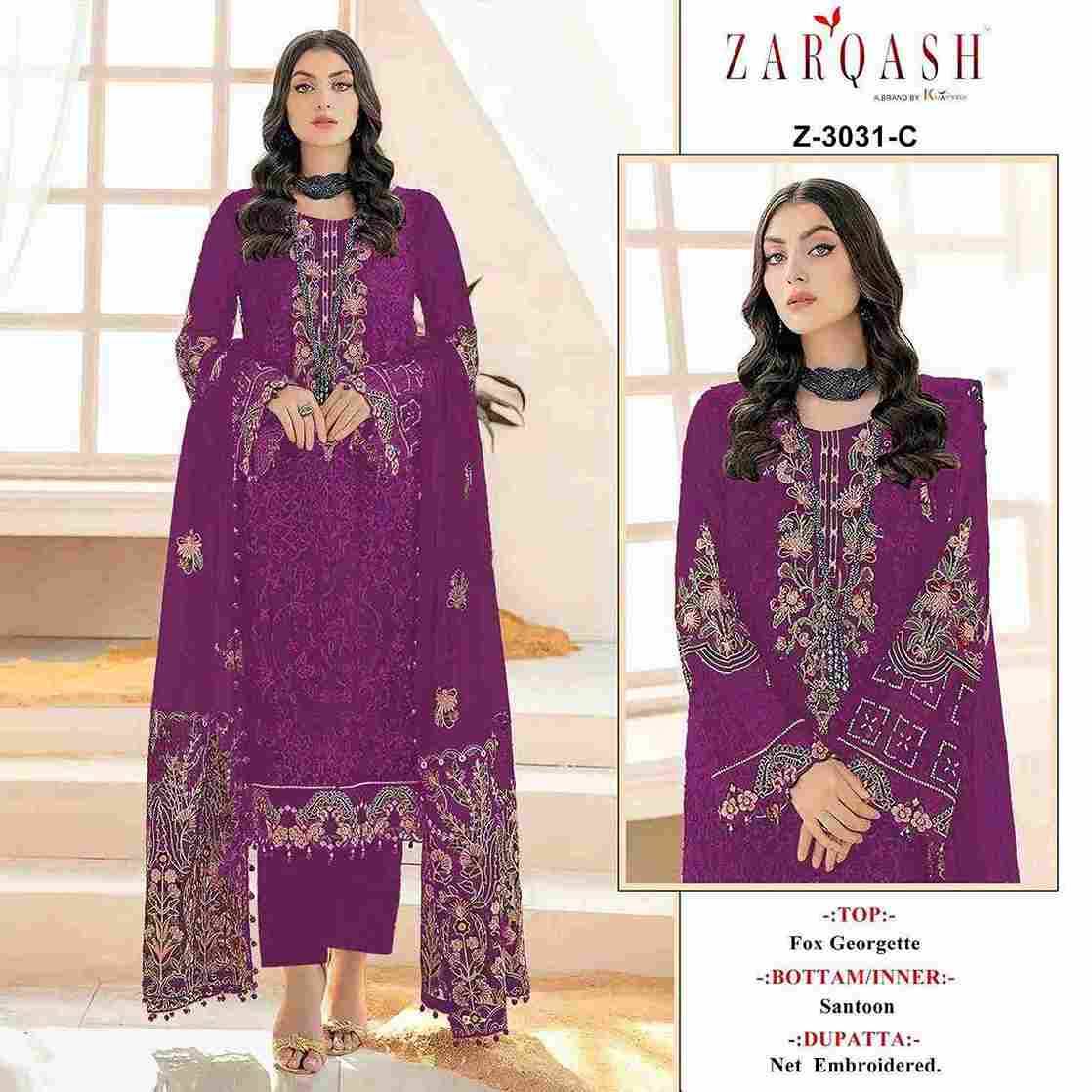 Zarqash Hit Design 3031 Colours By Zarqash 3031-A To 3031-C Series Designer Pakistani Suits Collection Beautiful Stylish Colorful Fancy Party Wear & Occasional Wear Faux Georgette Dresses At Wholesale Price