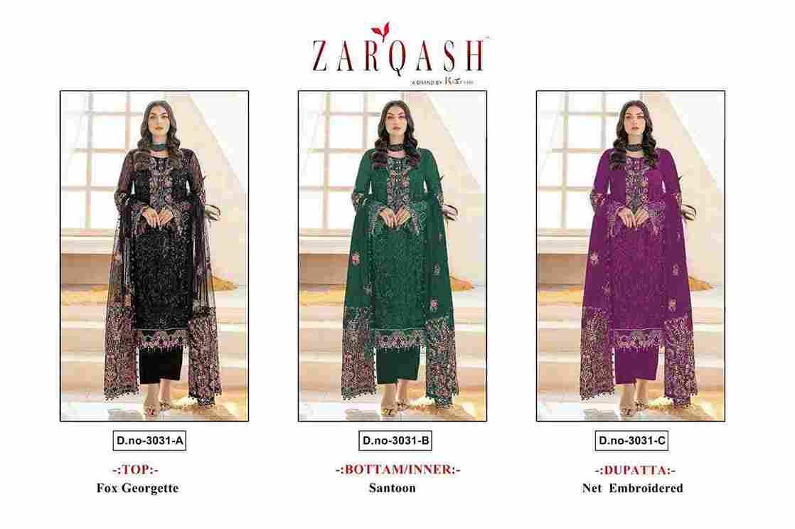 Zarqash Hit Design 3031 Colours By Zarqash 3031-A To 3031-C Series Designer Pakistani Suits Collection Beautiful Stylish Colorful Fancy Party Wear & Occasional Wear Faux Georgette Dresses At Wholesale Price