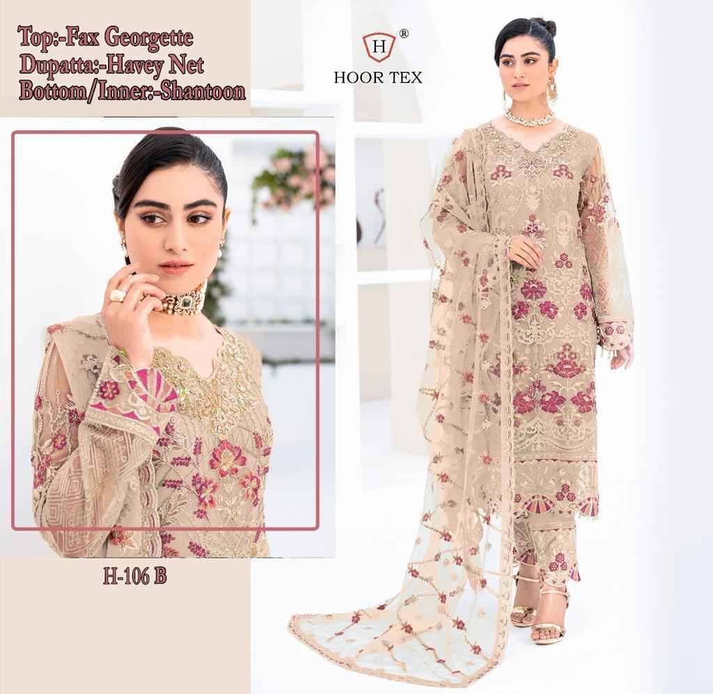 Hoor Tex Hit Design H-106 Colours By Hoor Tex H-106-B To H-106-D Series Beautiful Pakistani Suits Stylish Colorful Fancy Casual Wear & Ethnic Wear Faux Georgette Embroidered Dresses At Wholesale Price