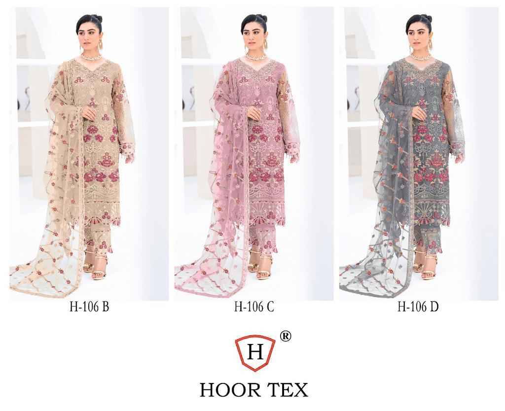 Hoor Tex Hit Design H-106 Colours By Hoor Tex H-106-B To H-106-D Series Beautiful Pakistani Suits Stylish Colorful Fancy Casual Wear & Ethnic Wear Faux Georgette Embroidered Dresses At Wholesale Price
