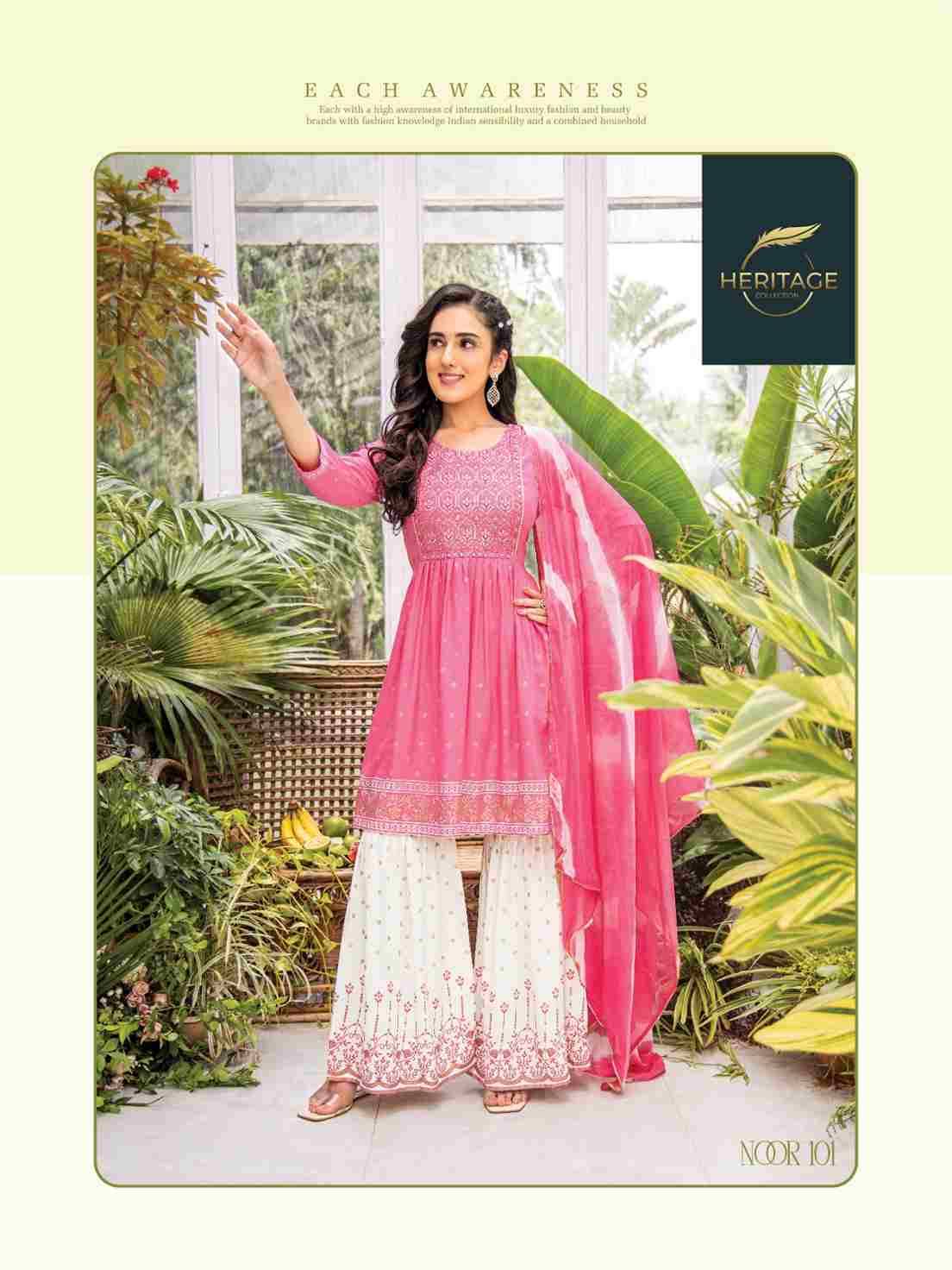 Noor By Heritage 101 To 106 Series Festive Suits Beautiful Fancy Colorful Stylish Party Wear & Occasional Wear Rayon Slub Print Dresses At Wholesale Price