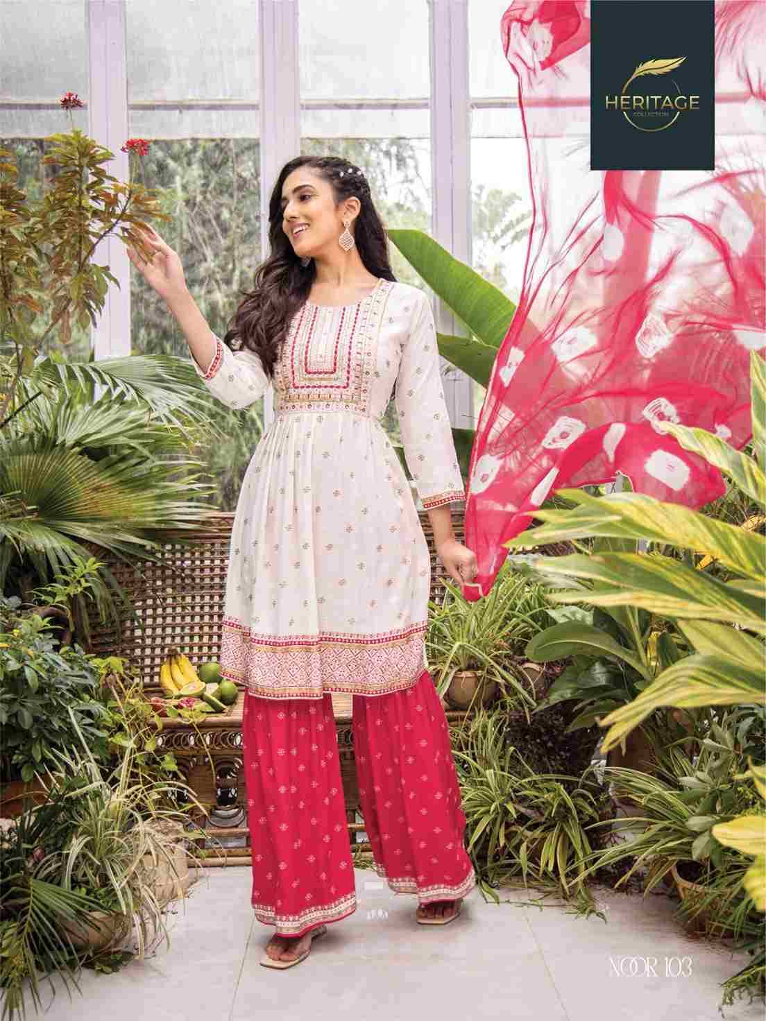 Noor By Heritage 101 To 106 Series Festive Suits Beautiful Fancy Colorful Stylish Party Wear & Occasional Wear Rayon Slub Print Dresses At Wholesale Price