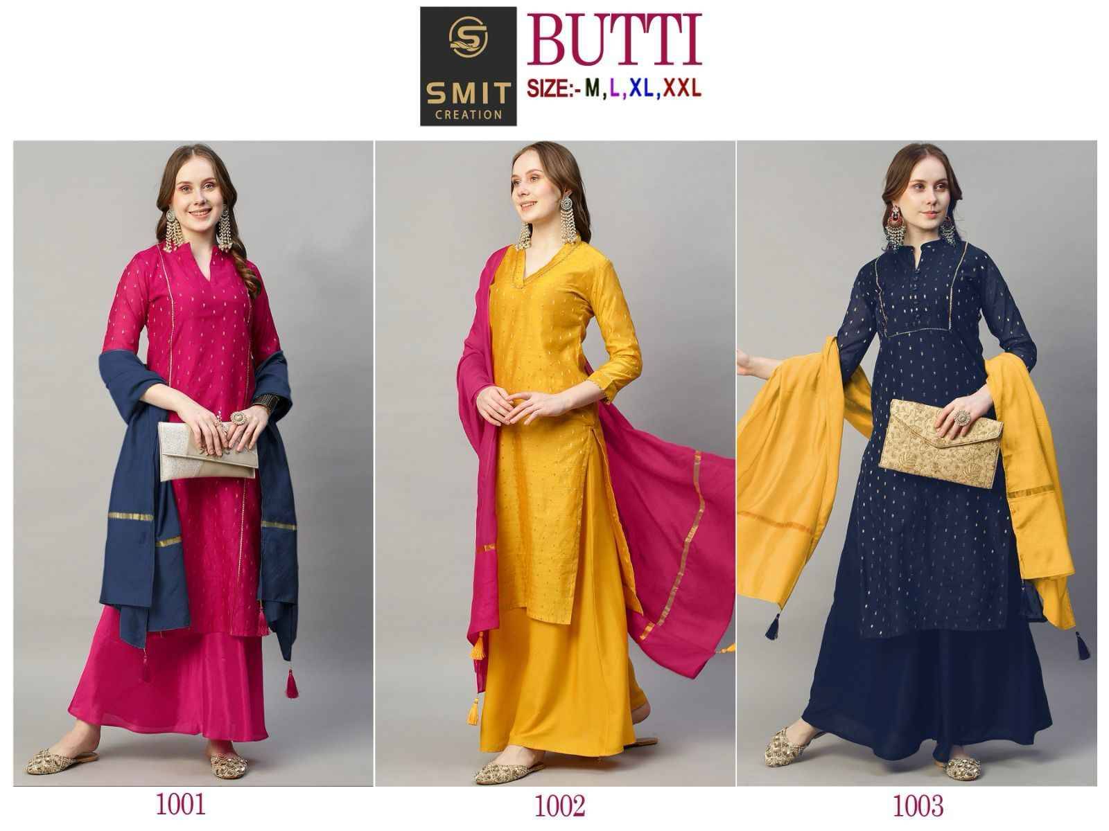 Butti By Smit Creation 1001 To 1003 Series Beautiful Stylish Suits Fancy Colorful Casual Wear & Ethnic Wear & Ready To Wear Pure Chanderi Embroidered Dresses At Wholesale Price