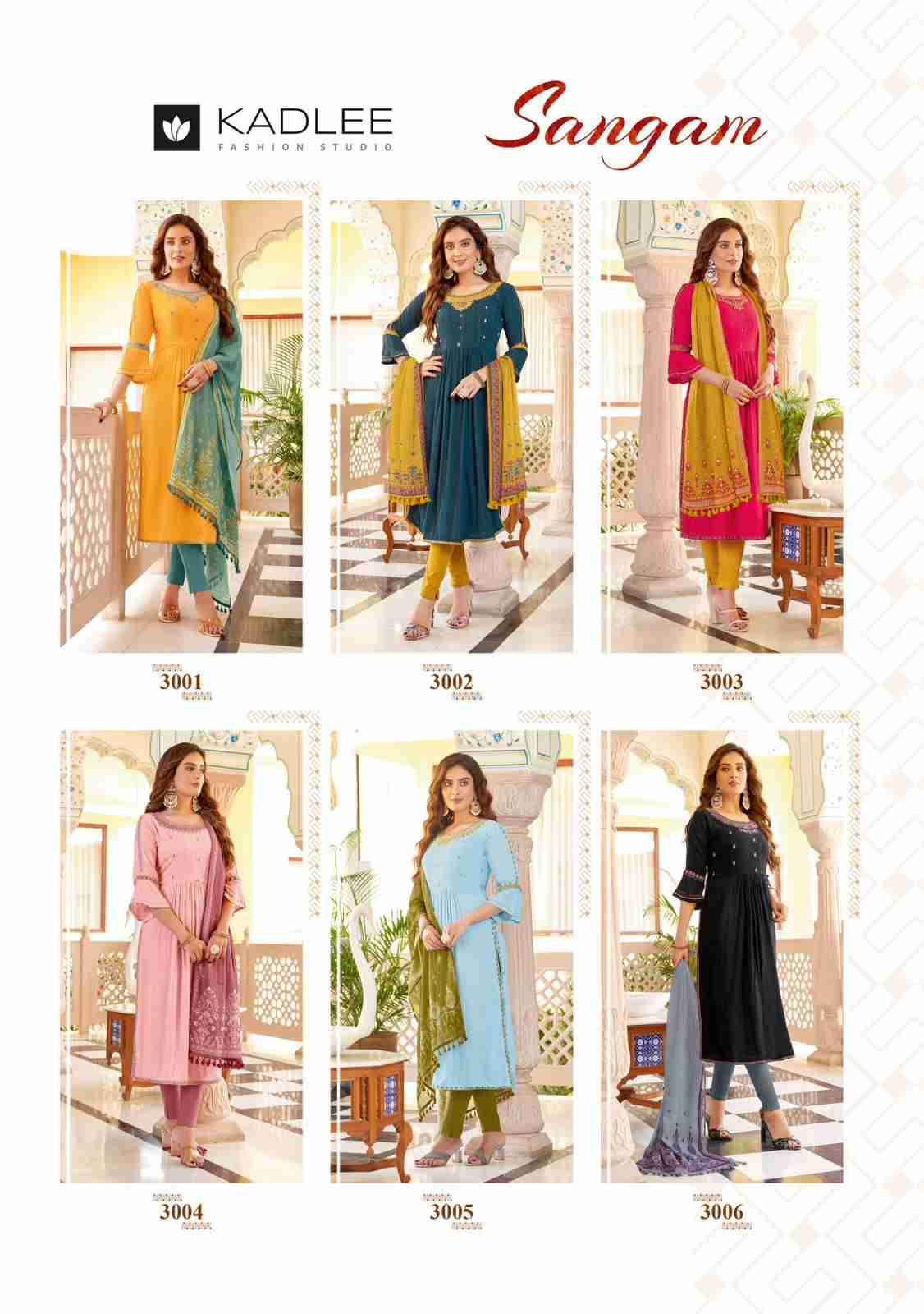 Sangam By Kadlee 3001 To 3006 Series Beautiful Stylish Suits Fancy Colorful Casual Wear & Ethnic Wear & Ready To Wear Rayon Embroidered Dresses At Wholesale Price