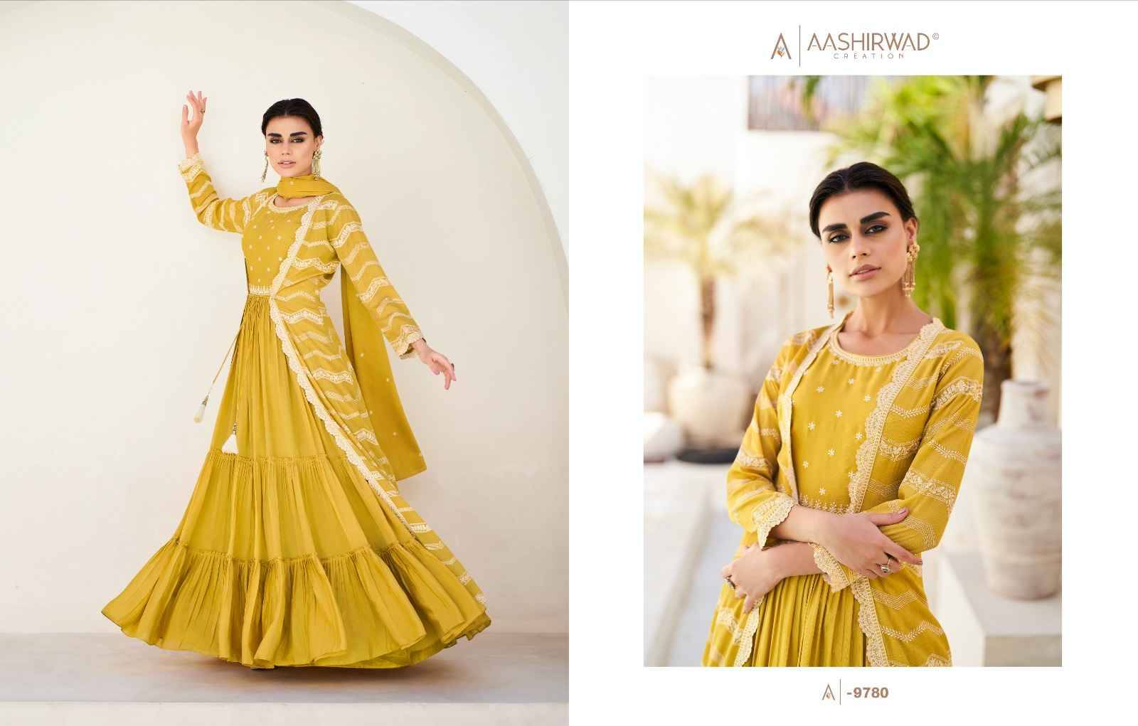 Naaz By Aashirwad Creation 9778 To 9780 Series Beautiful Stylish Fancy Colorful Casual Wear & Ethnic Wear Chinnon Silk Gowns With Dupatta At Wholesale Price