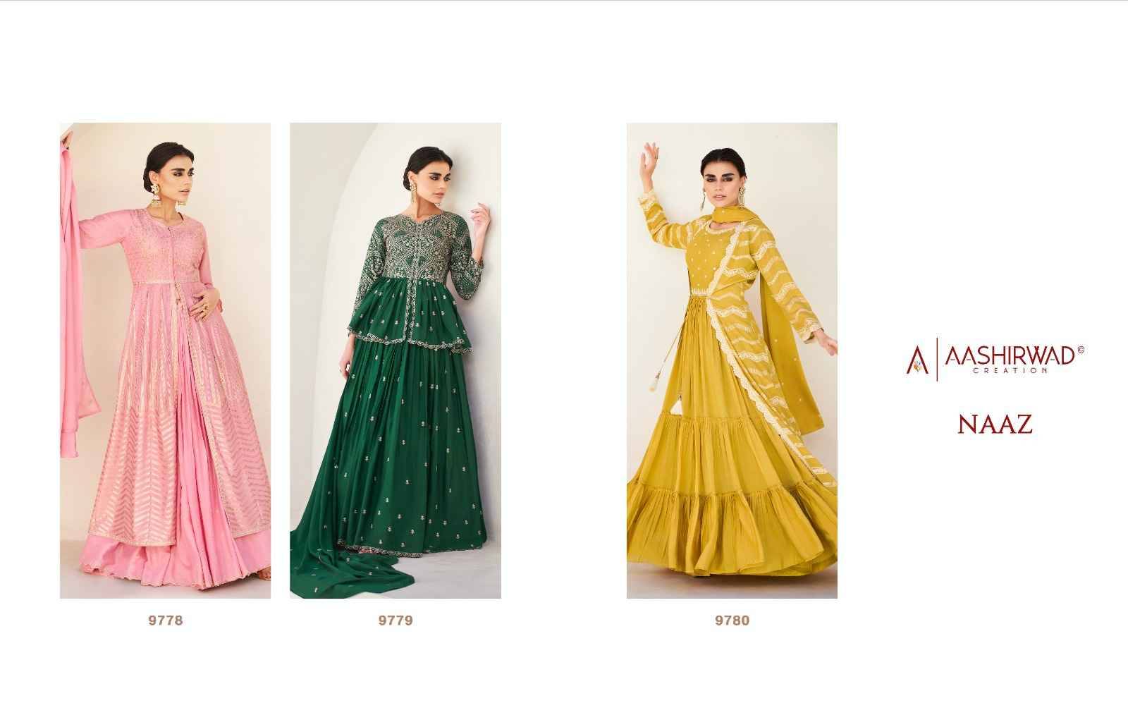 Naaz By Aashirwad Creation 9778 To 9780 Series Beautiful Stylish Fancy Colorful Casual Wear & Ethnic Wear Chinnon Silk Gowns With Dupatta At Wholesale Price