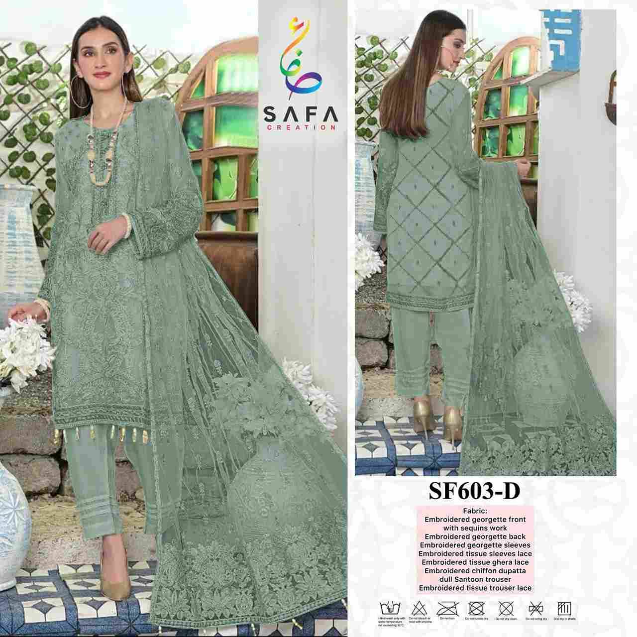 SF-603 Colours By Safa Creation 603-A To 603-D Series Beautiful Pakistani Suits Colorful Stylish Fancy Casual Wear & Ethnic Wear Faux Georgette Embroidered Dresses At Wholesale Price