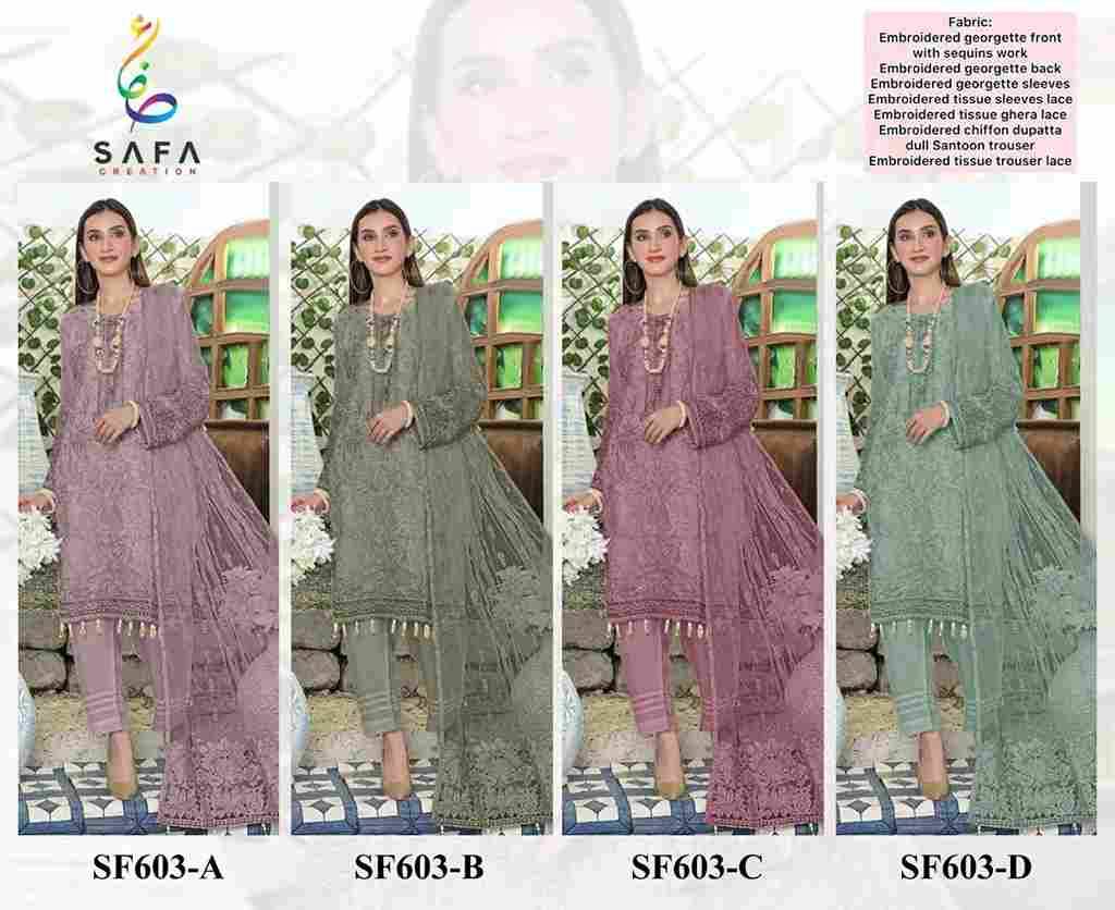 SF-603 Colours By Safa Creation 603-A To 603-D Series Beautiful Pakistani Suits Colorful Stylish Fancy Casual Wear & Ethnic Wear Faux Georgette Embroidered Dresses At Wholesale Price