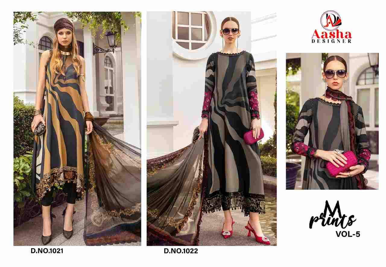 M Prints Vol-5 By Aasha Designer 1021 To 1022 Series Pakistani Traditional Wear Collection Beautiful Stylish Fancy Colorful Party Wear & Occasional Wear Pure Cotton Embroidered Dresses At Wholesale Price