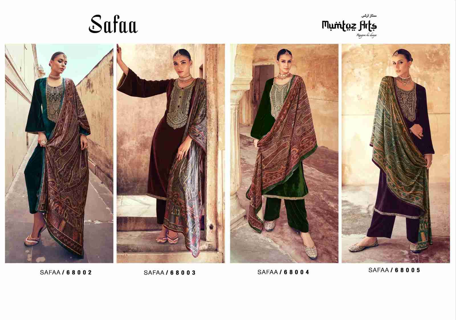 Safaa By Mumtaz Arts 68002 To 68005 Series Festive Suits Collection Beautiful Stylish Fancy Colorful Party Wear & Occasional Wear Pure Velvet Embroidered Dresses At Wholesale Price