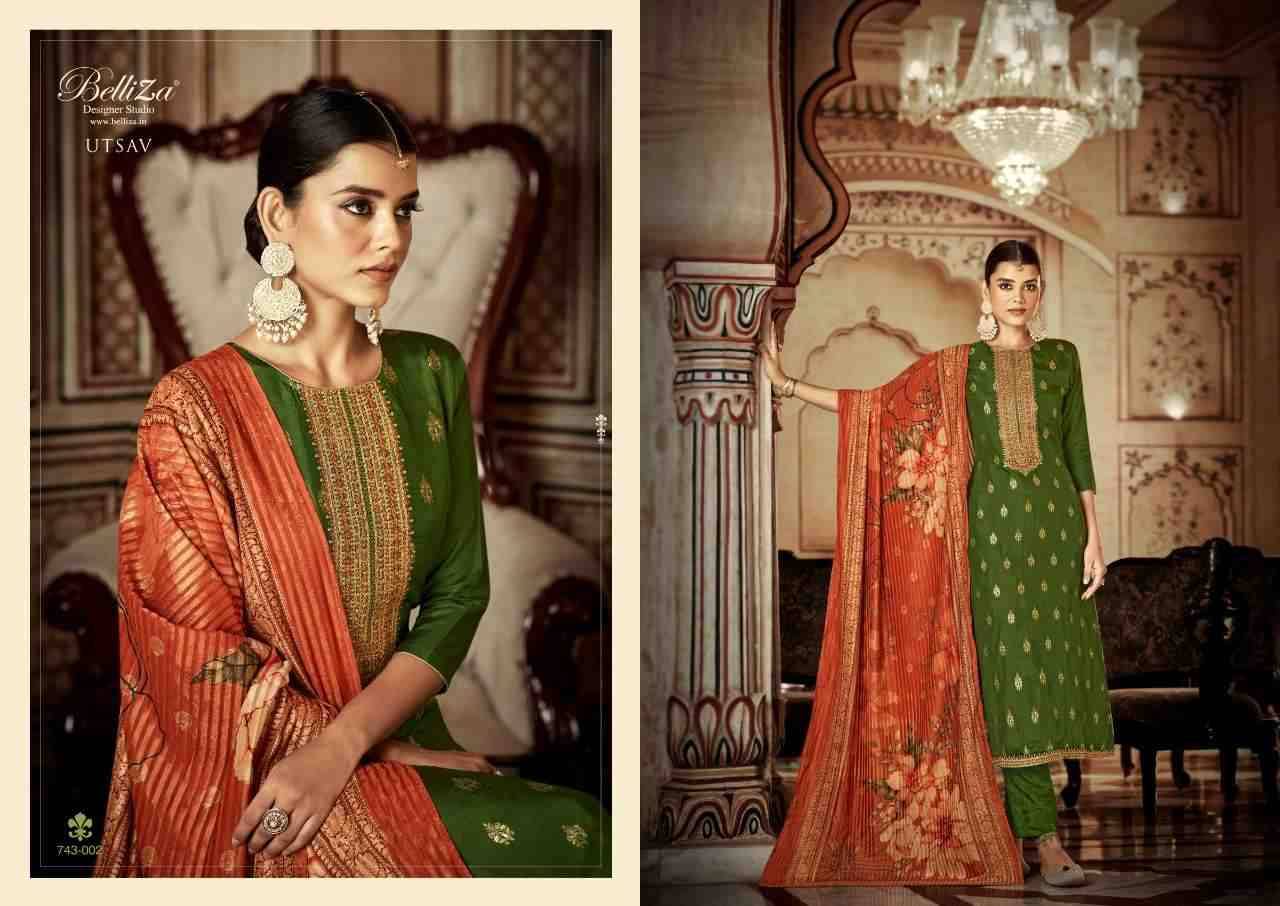 Utsav By Belliza 743-001 To 743-005 Series Beautiful Festive Suits Colorful Stylish Fancy Casual Wear & Ethnic Wear Pure Viscose Dola Jacquard Embroidered Dresses At Wholesale Price
