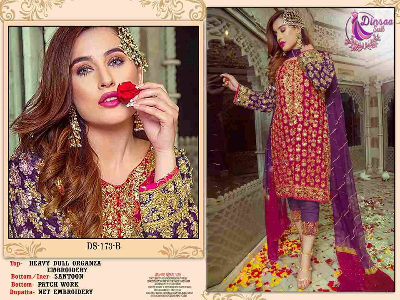 Dinsaa Hit Design 173 Colours By Dinssa Suits 173-A To 173-C Series Pakistani Suits Beautiful Fancy Colorful Stylish Party Wear & Occasional Wear Dull Organza Embroidery Dresses At Wholesale Price