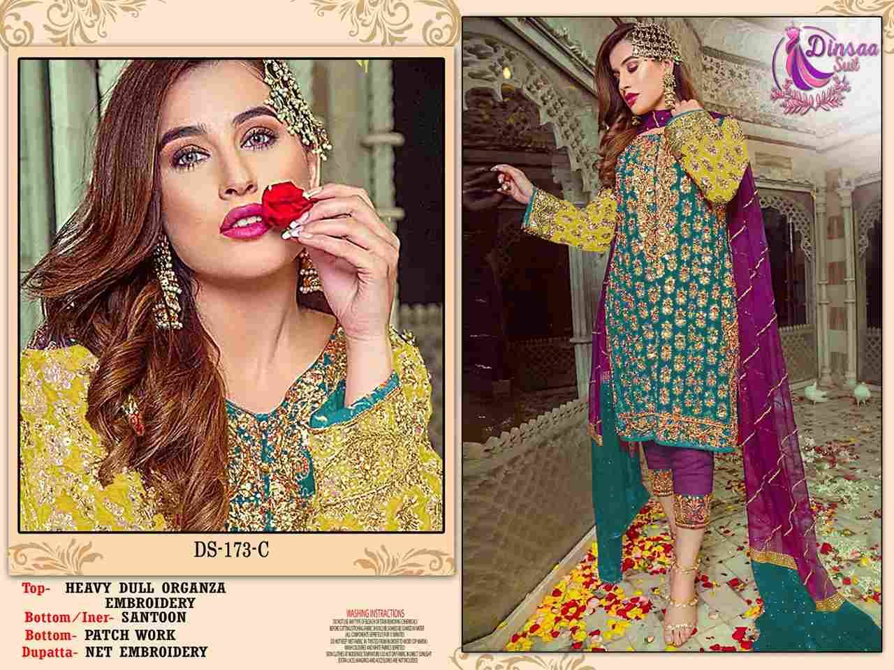Dinsaa Hit Design 173 Colours By Dinssa Suits 173-A To 173-C Series Pakistani Suits Beautiful Fancy Colorful Stylish Party Wear & Occasional Wear Dull Organza Embroidery Dresses At Wholesale Price