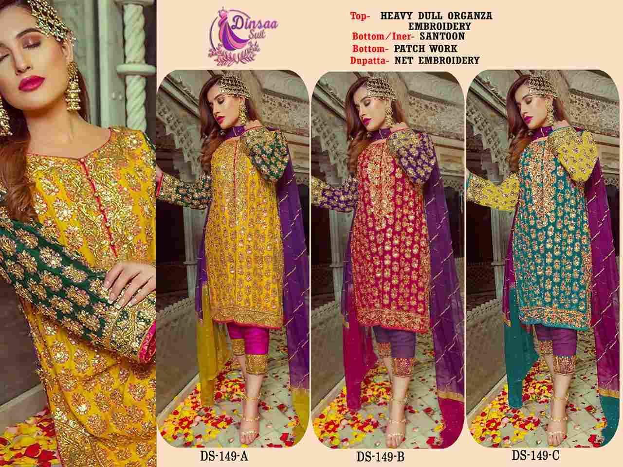 Dinsaa Hit Design 173 Colours By Dinssa Suits 173-A To 173-C Series Pakistani Suits Beautiful Fancy Colorful Stylish Party Wear & Occasional Wear Dull Organza Embroidery Dresses At Wholesale Price