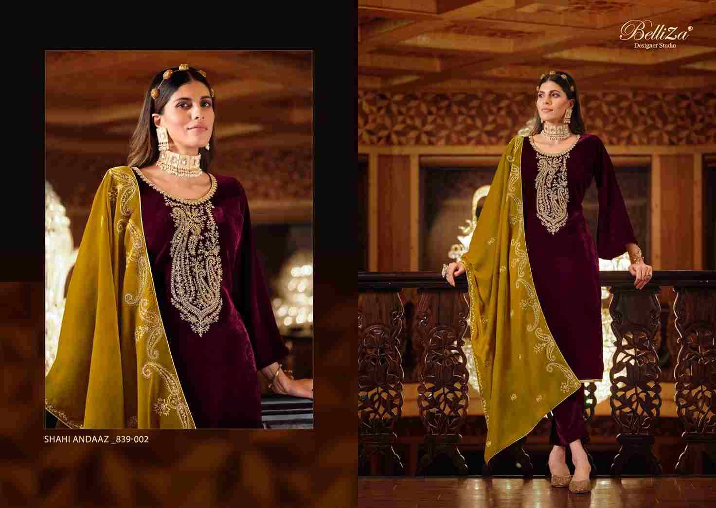Shahi Andaaz By Belliza 839-001 To 839-006 Series Beautiful Festive Suits Colorful Stylish Fancy Casual Wear & Ethnic Wear Pure Velvet Dresses At Wholesale Price