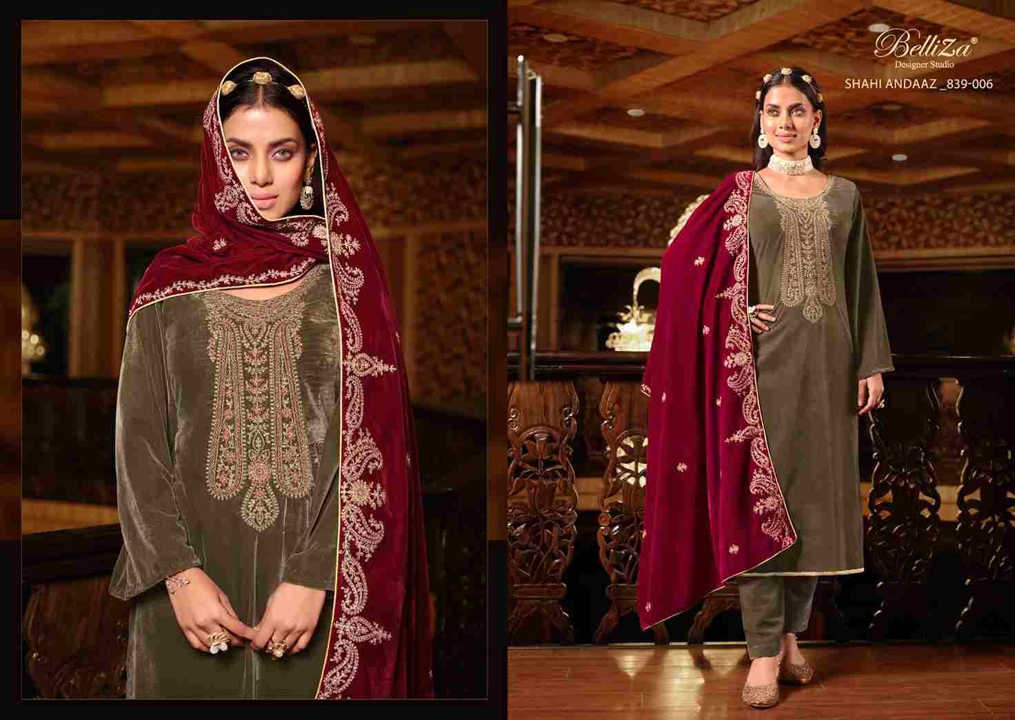 Shahi Andaaz By Belliza 839-001 To 839-006 Series Beautiful Festive Suits Colorful Stylish Fancy Casual Wear & Ethnic Wear Pure Velvet Dresses At Wholesale Price