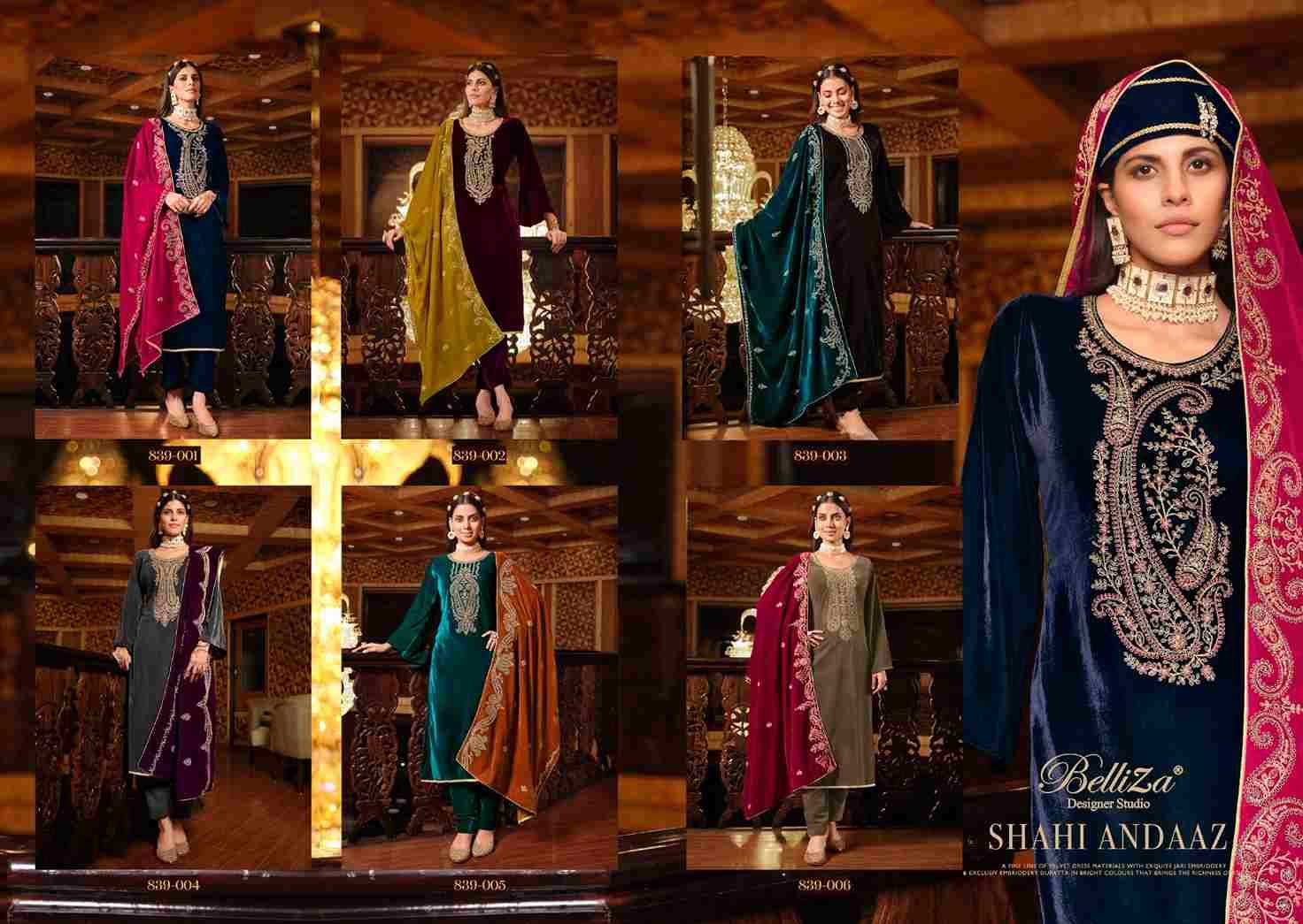 Shahi Andaaz By Belliza 839-001 To 839-006 Series Beautiful Festive Suits Colorful Stylish Fancy Casual Wear & Ethnic Wear Pure Velvet Dresses At Wholesale Price
