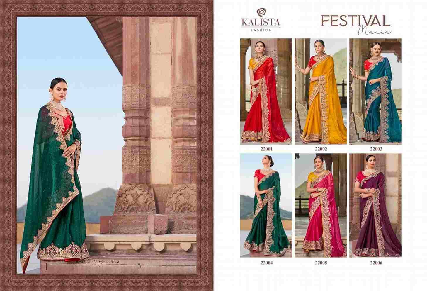 Festival Mania By Kalista Fashion 22001 To 22006 Series Indian Traditional Wear Collection Beautiful Stylish Fancy Colorful Party Wear & Occasional Wear Satin With Work Sarees At Wholesale Price