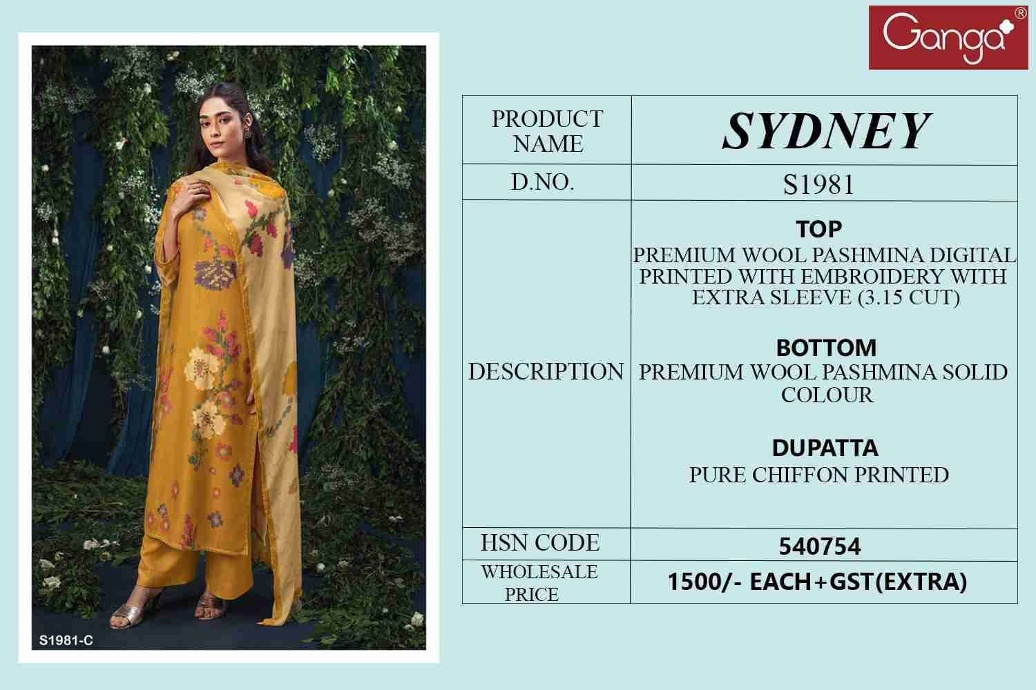 Sydney-1981 By Ganga Fashion 1981-A To 1981-D Series Beautiful Festive Suits Stylish Fancy Colorful Party Wear & Occasional Wear Premium Pashmina Digital Print Dresses At Wholesale Price