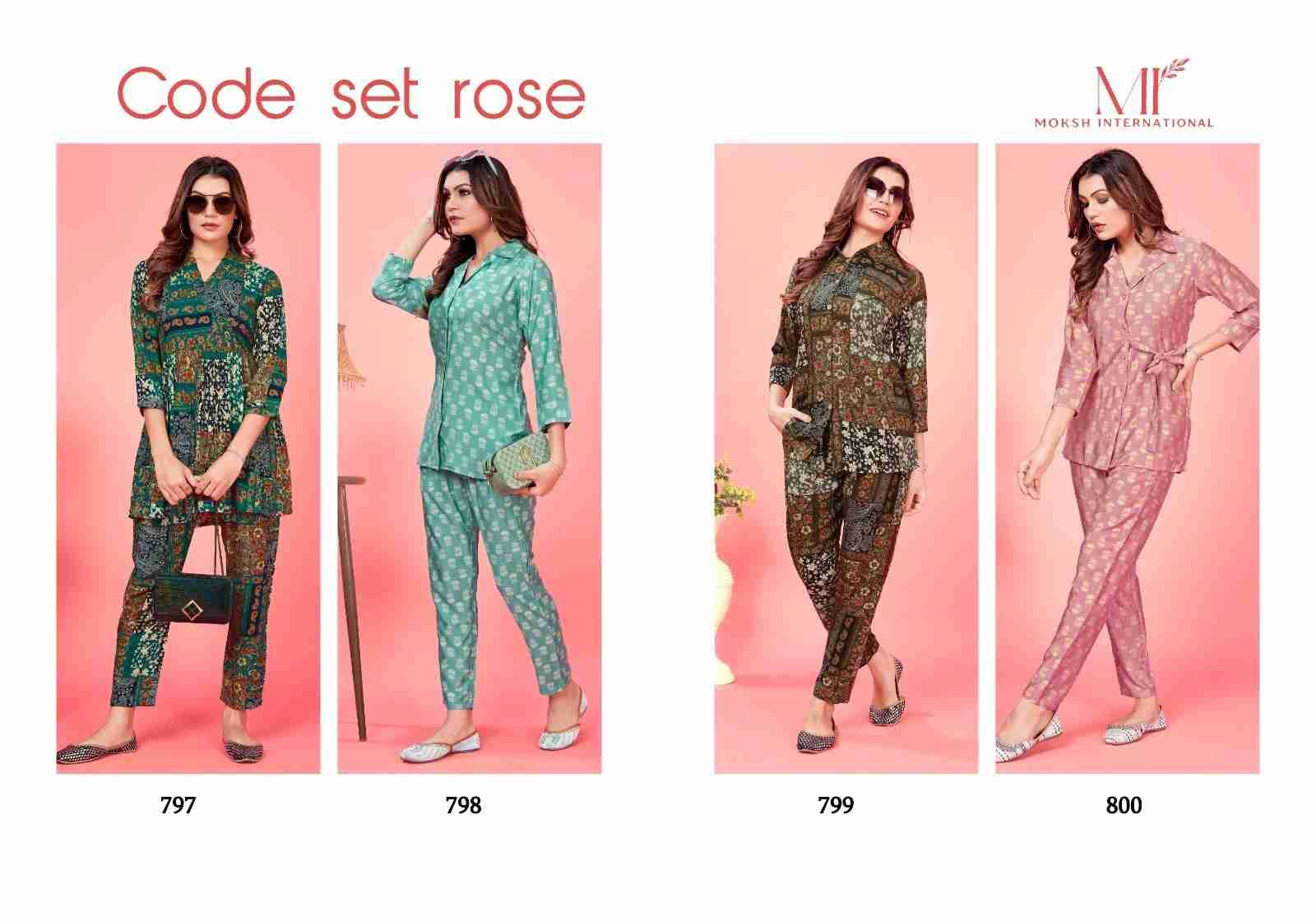 Code Set Rose By Moksh International 797 To 800 Series Designer Stylish Fancy Colorful Beautiful Party Wear & Ethnic Wear Collection Rayon Print Co-Ord At Wholesale Price