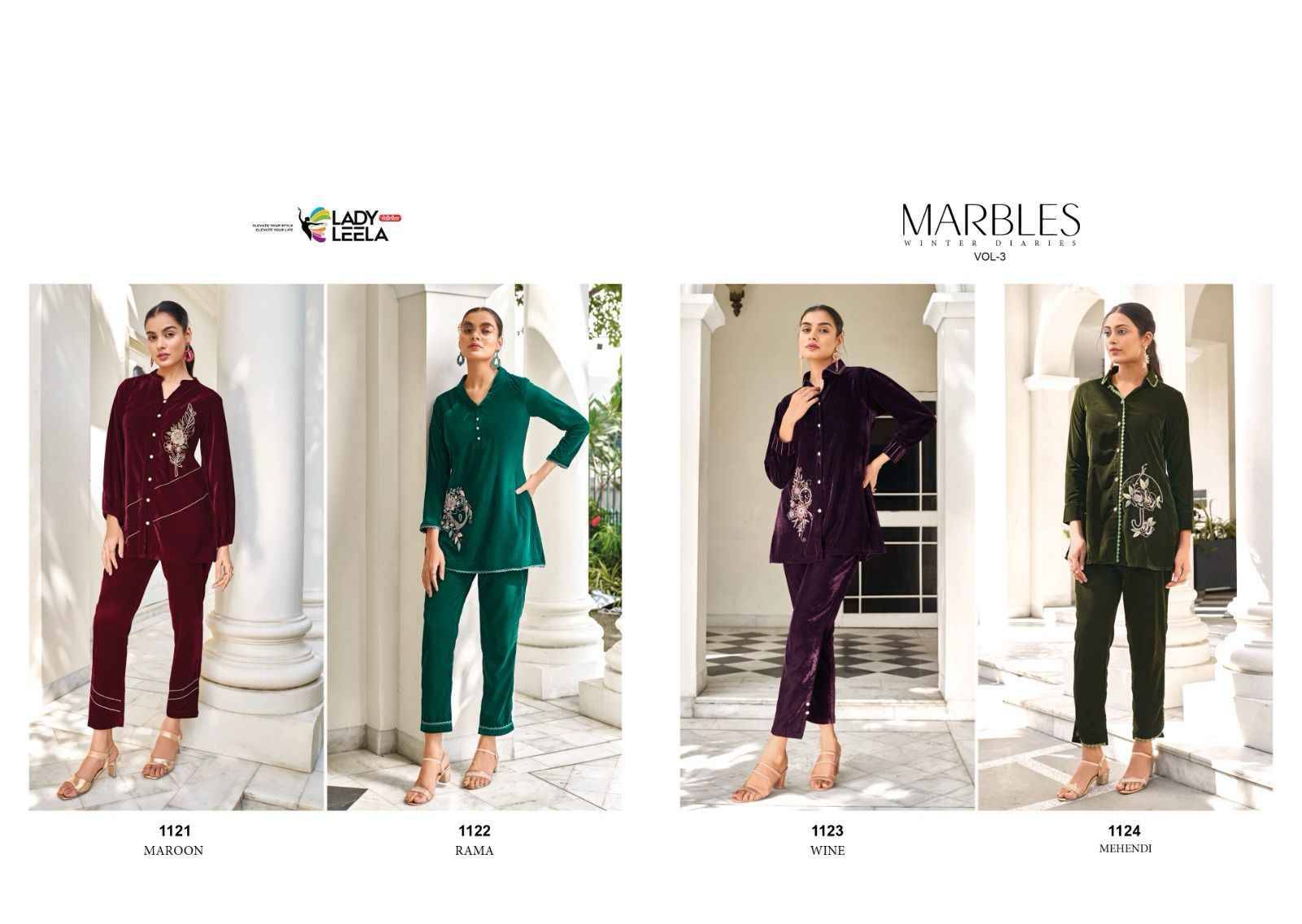 Marbles Vol-3 By Lady Leela 1121 To 1124 Series Designer Stylish Fancy Colorful Beautiful Party Wear & Ethnic Wear Collection Velvet Print Co-Ord At Wholesale Price
