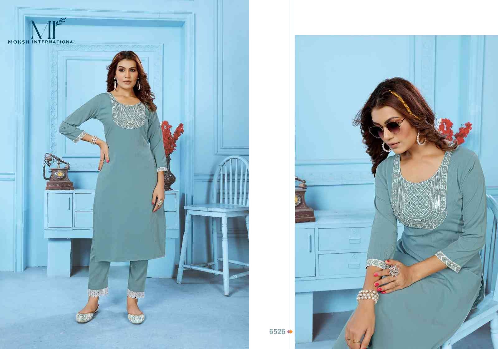 Goldy Vol-1 By Moksh International 6525 To 6529 Series Designer Festive Suits Collection Beautiful Stylish Fancy Colorful Party Wear & Occasional Wear Cotton Embroidered Kurtis With Bottom At Wholesale Price
