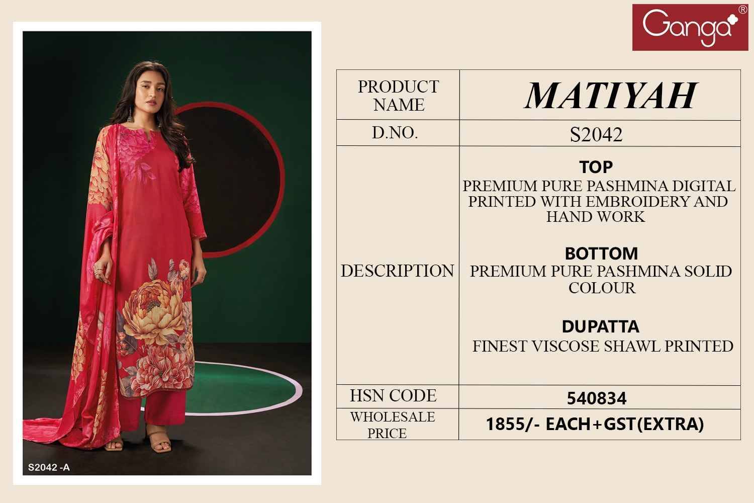 Matiyah-2042 By Ganga Fashion 2042-A To 2042-D Series Beautiful Festive Suits Colorful Stylish Fancy Casual Wear & Ethnic Wear Pure Pashmina Digital Print Dresses At Wholesale Price