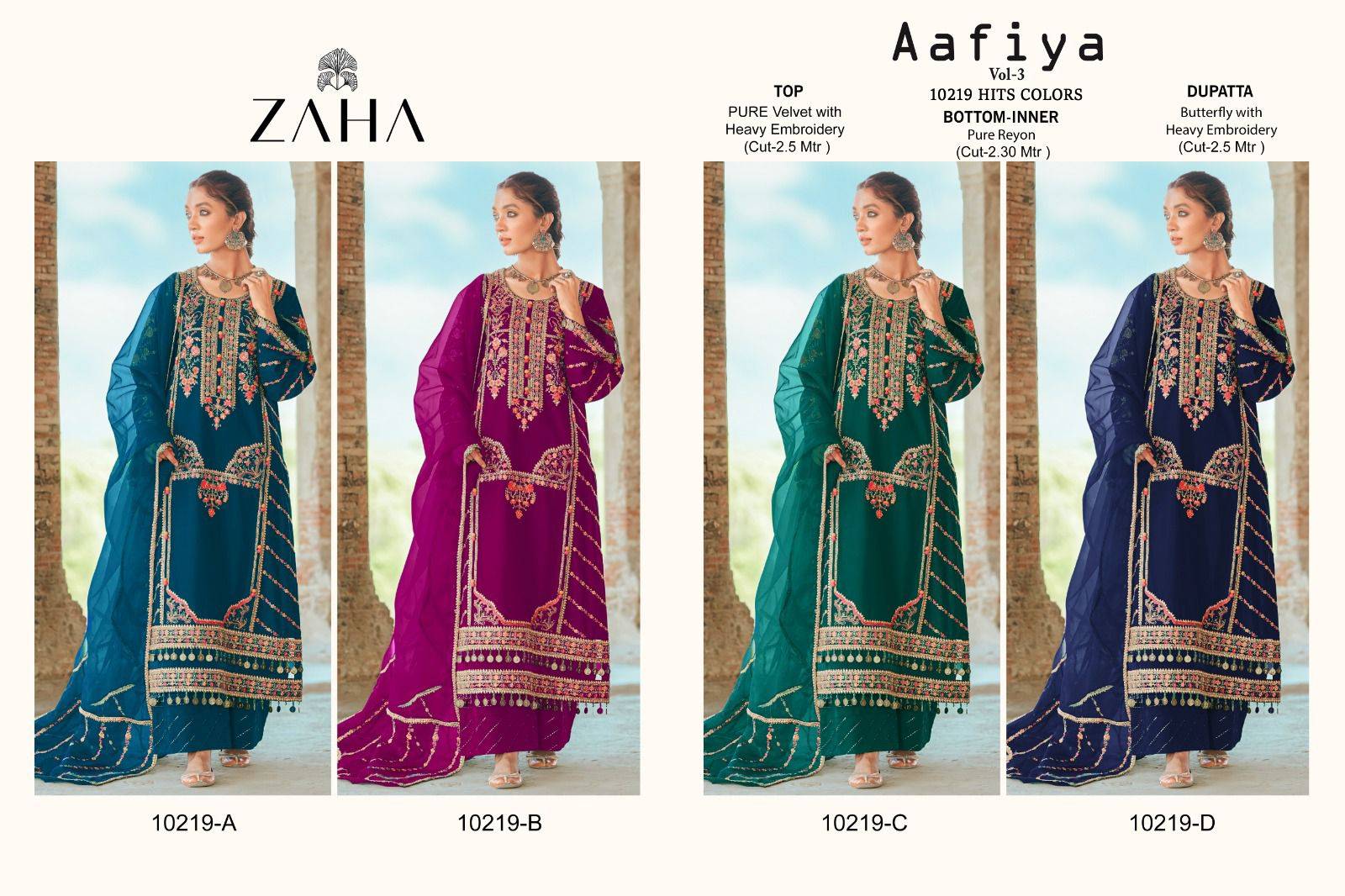 Aafiya Vol-3 By Zaha 10219-A To 10219-D Series Beautiful Pakistani Suits Colorful Stylish Fancy Casual Wear & Ethnic Wear Pure Velvet Embroidered Dresses At Wholesale Price