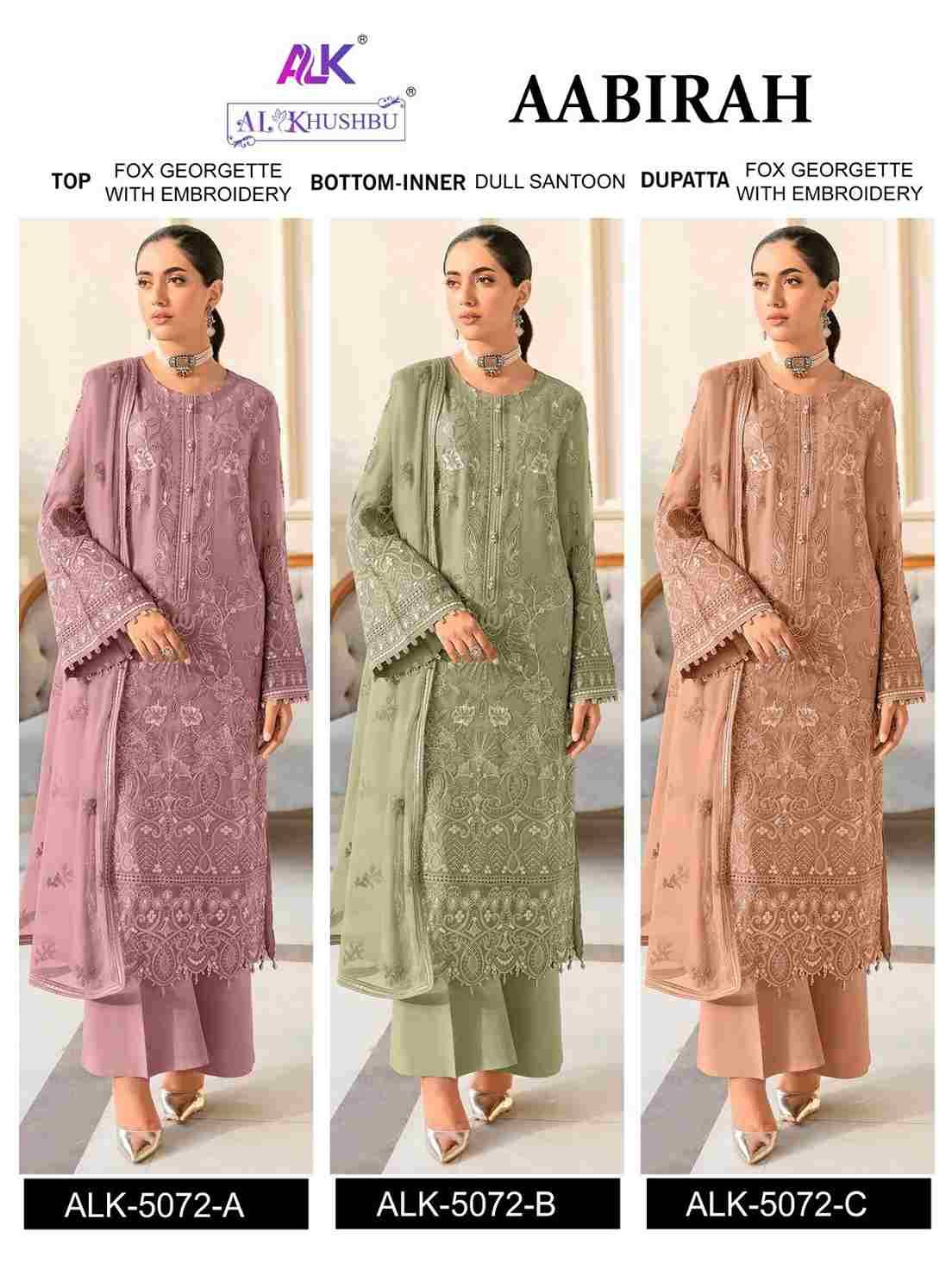 Aabirah By Al Khushbu 5072-A To 5072-C Series Beautiful Pakistani Suits Colorful Stylish Fancy Casual Wear & Ethnic Wear Faux Georgette Embroidered Dresses At Wholesale Price