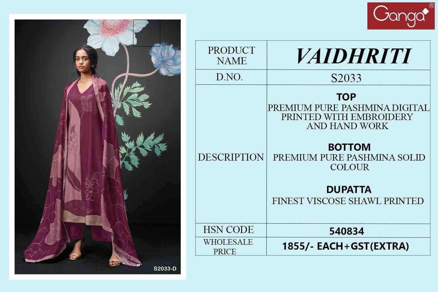 Vaidhriti-2033 By Ganga Fashion 2033-A To 2033-D Series Beautiful Festive Suits Colorful Stylish Fancy Casual Wear & Ethnic Wear Pure Pashmina Embroidered Dresses At Wholesale Price