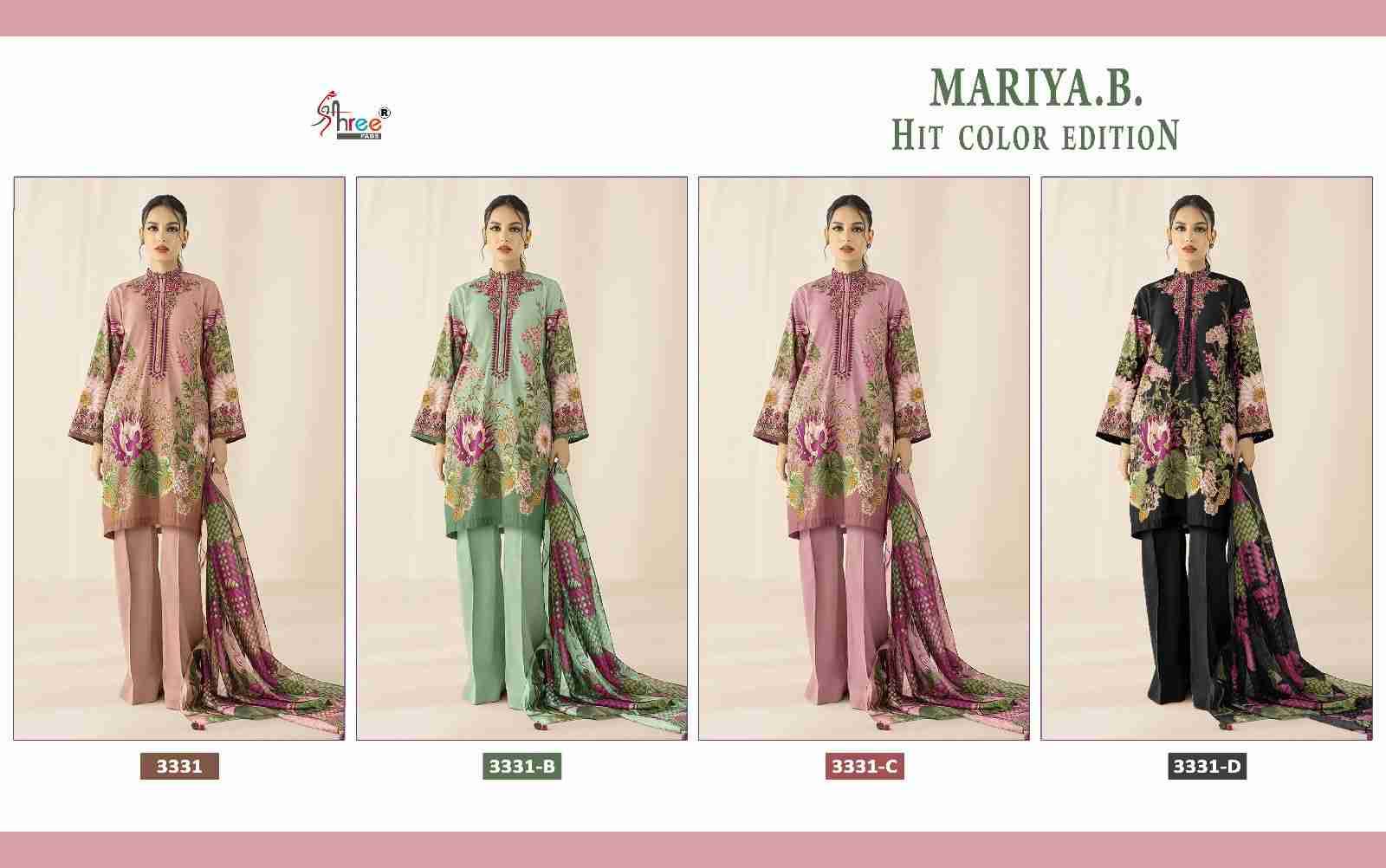 Mariya.B. Hit Color Edition By Shree Fabs 3331-A To 3331-D Series Beautiful Pakistani Suits Colorful Stylish Fancy Casual Wear & Ethnic Wear Pure Cotton Print Embroidered Dresses At Wholesale Price