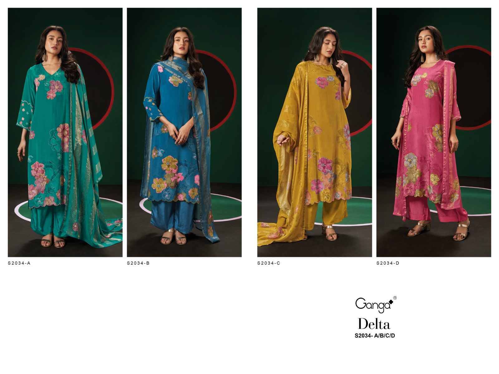 Delta-2034 By Ganga Fashion 2034-A To 2034-D Series Beautiful Festive Suits Colorful Stylish Fancy Casual Wear & Ethnic Wear Pure Silk Embroidered Dresses At Wholesale Price