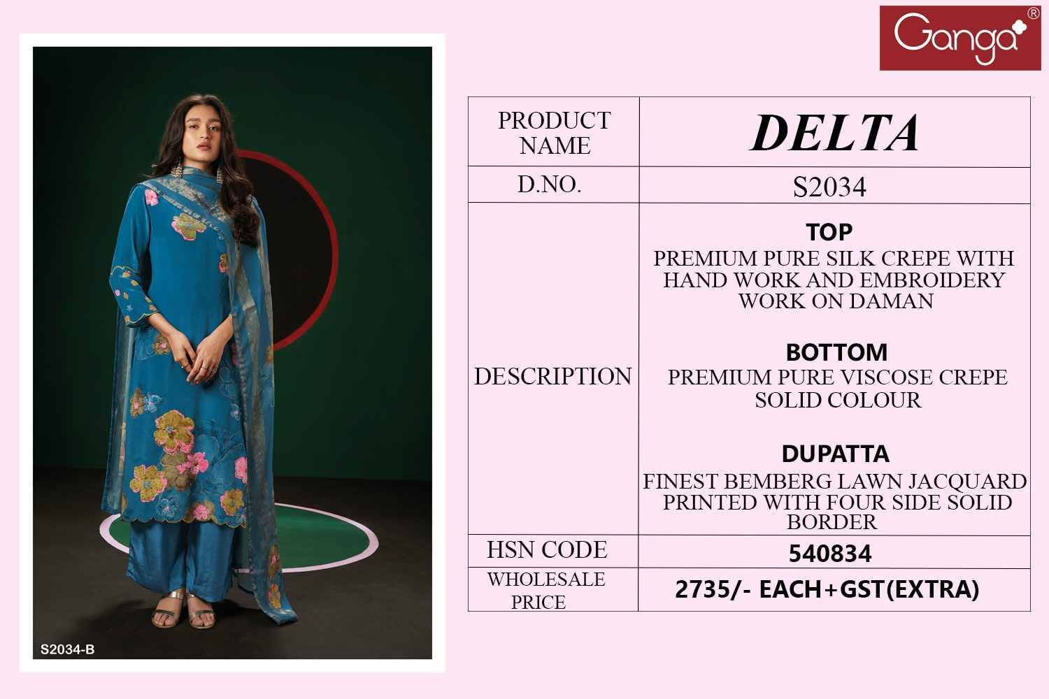 Delta-2034 By Ganga Fashion 2034-A To 2034-D Series Beautiful Festive Suits Colorful Stylish Fancy Casual Wear & Ethnic Wear Pure Silk Embroidered Dresses At Wholesale Price