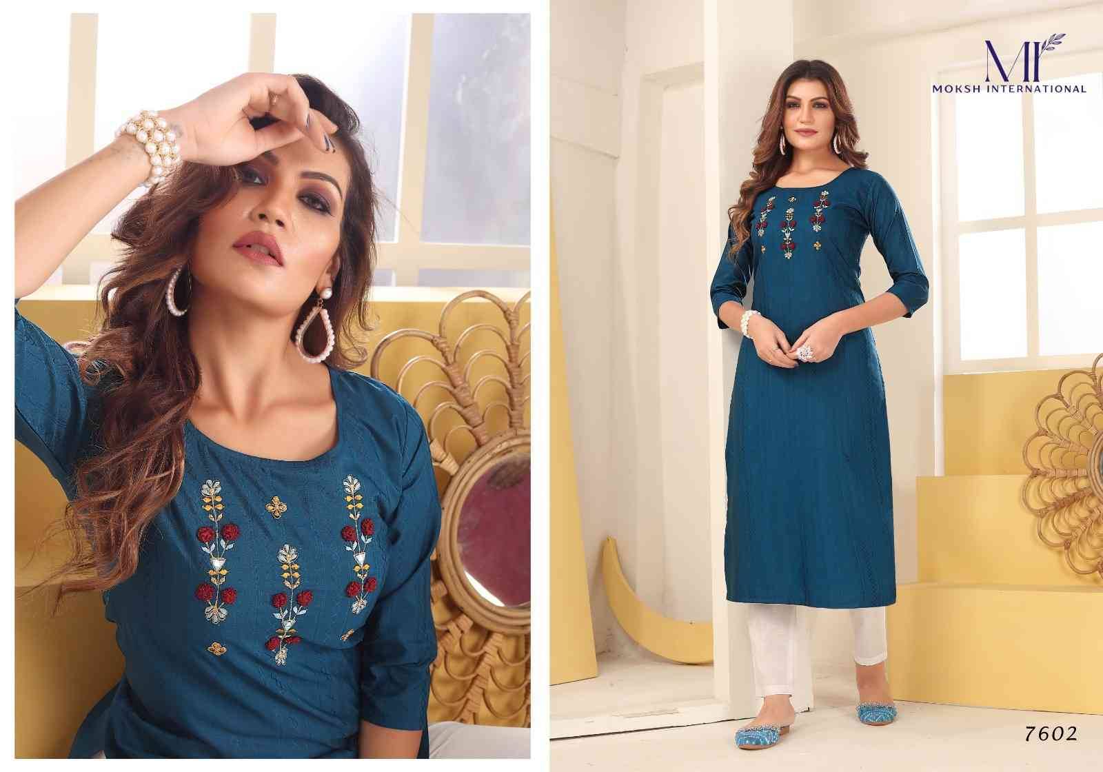 Diva Vol-1 By Moksh International 7601 To 7605 Series Designer Festive Suits Collection Beautiful Stylish Fancy Colorful Party Wear & Occasional Wear Silk Embroidered Kurtis At Wholesale Price