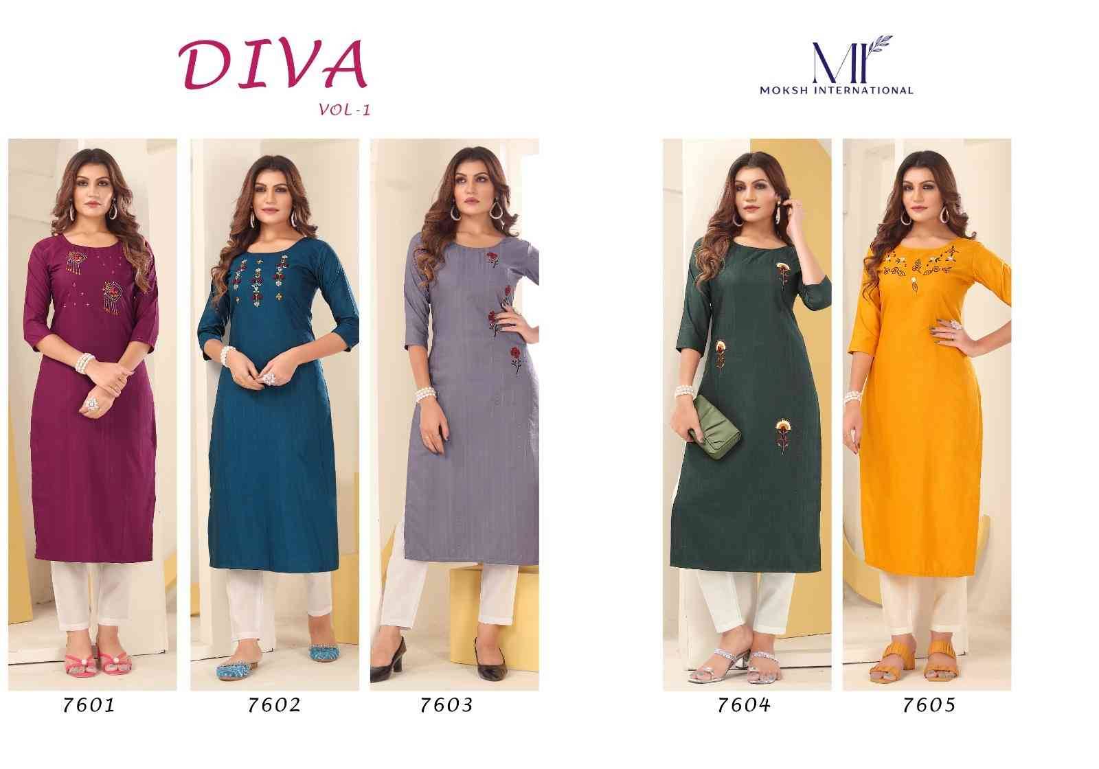 Diva Vol-1 By Moksh International 7601 To 7605 Series Designer Festive Suits Collection Beautiful Stylish Fancy Colorful Party Wear & Occasional Wear Silk Embroidered Kurtis At Wholesale Price