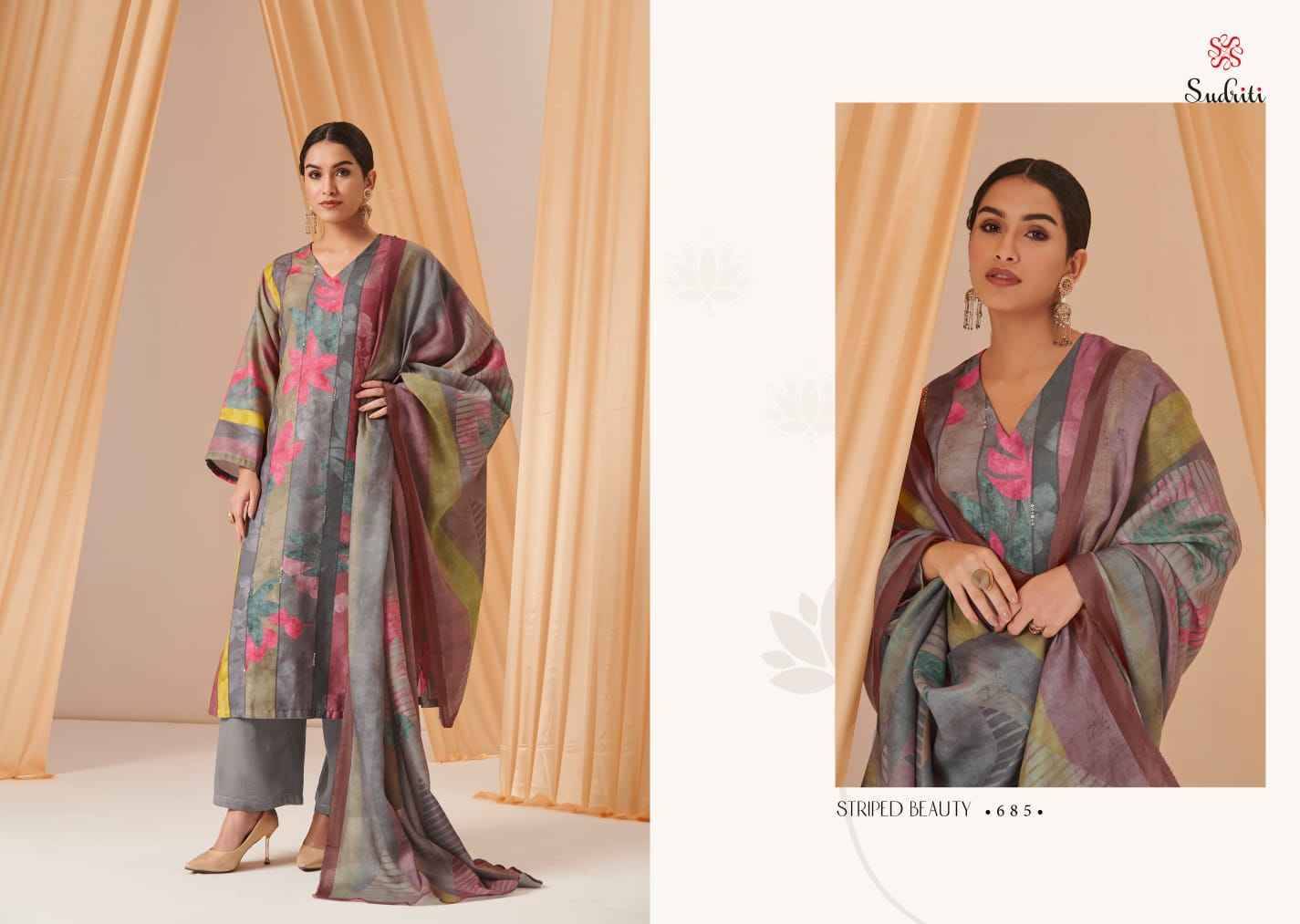 Striped Beauty By Sudriti Beautiful Stylish Festive Suits Fancy Colorful Casual Wear & Ethnic Wear & Ready To Wear Pashmia Twill Digital Print Dresses At Wholesale Price