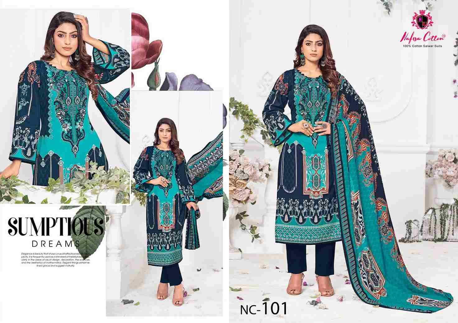 Andaaz By Nafisa Cotton 101 To 106 Series Beautiful Suits Colorful Stylish Fancy Casual Wear & Ethnic Wear Pure Cotton Print Dresses At Wholesale Price