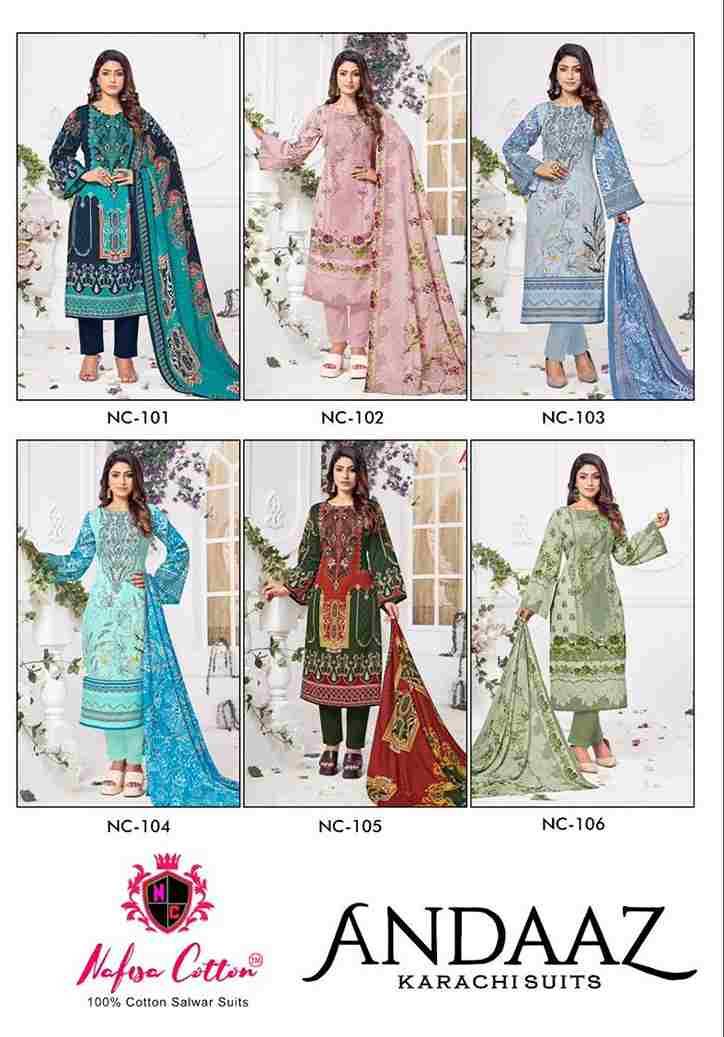 Andaaz By Nafisa Cotton 101 To 106 Series Beautiful Suits Colorful Stylish Fancy Casual Wear & Ethnic Wear Pure Cotton Print Dresses At Wholesale Price