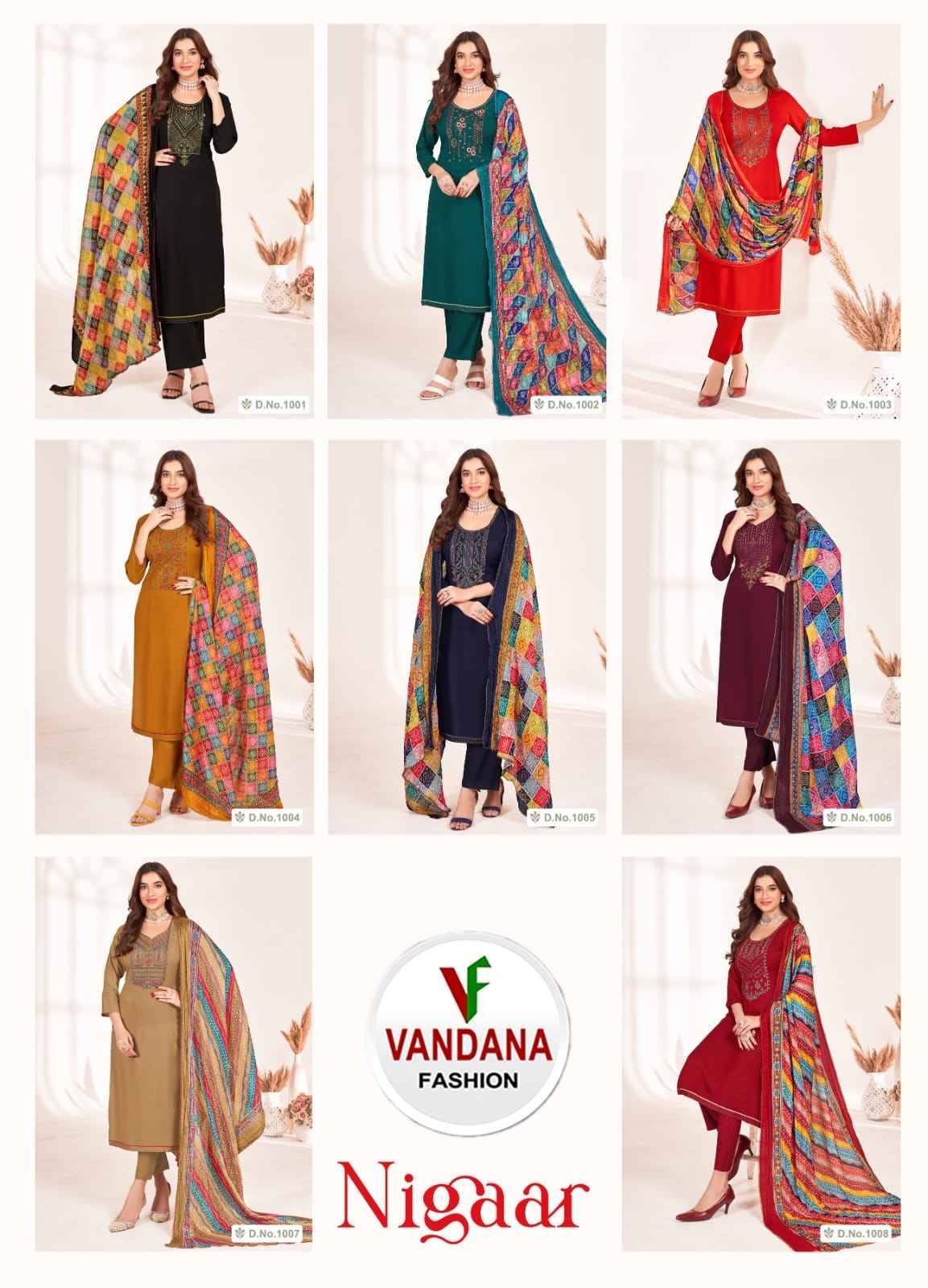 Nigaar Vol-1 By Vandana 1001 To 1008 Series Beautiful Festive Suits Stylish Fancy Colorful Party Wear & Occasional Wear Rayon Slub Dresses At Wholesale Price