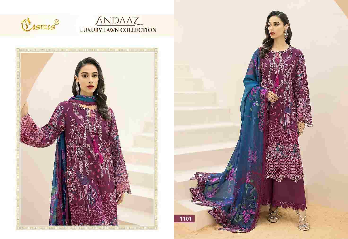 Andaaz By Cosmos 1101 To 1106 Series Beautiful Pakistani Suits Colorful Stylish Fancy Casual Wear & Ethnic Wear Pure Lawn Cotton Embroidered Dresses At Wholesale Price