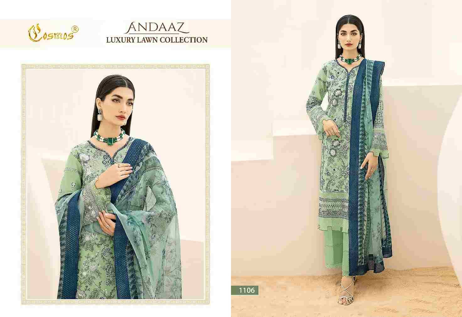 Andaaz By Cosmos 1101 To 1106 Series Beautiful Pakistani Suits Colorful Stylish Fancy Casual Wear & Ethnic Wear Pure Lawn Cotton Embroidered Dresses At Wholesale Price