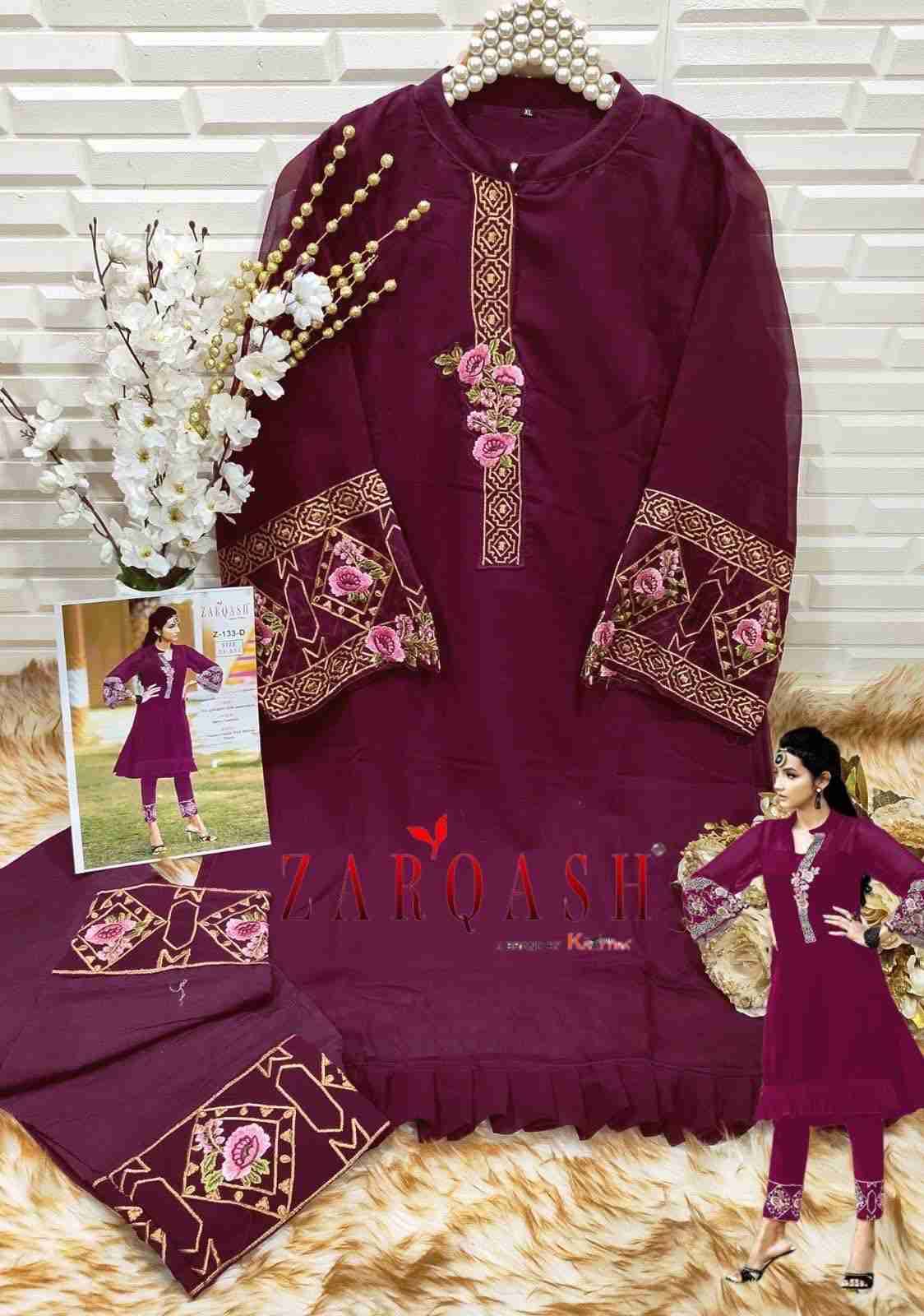 Zarqash Hit Design Z-133 Colours By Zarqash Z-133-A To Z-133-D Series Beautiful Pakistani Suits Colorful Stylish Fancy Casual Wear & Ethnic Wear Faux Georgette Dresses At Wholesale Price