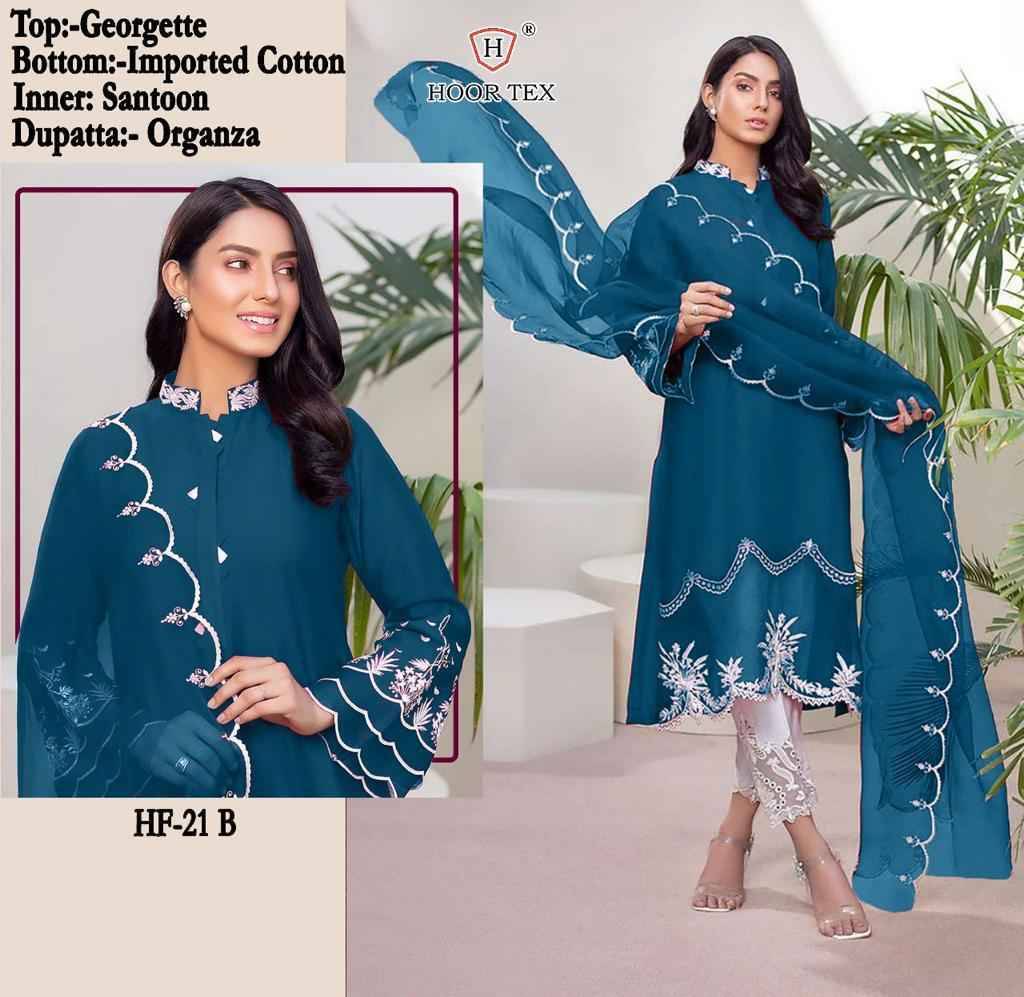 Hoor Tex Hit Design HF-21 Colours By Hoor Tex HF-21-A To HF-21-F Series Designer Festive Pakistani Suits Collection Beautiful Stylish Fancy Colorful Party Wear & Occasional Wear Heavy Georgette Embroidered Dresses At Wholesale Price