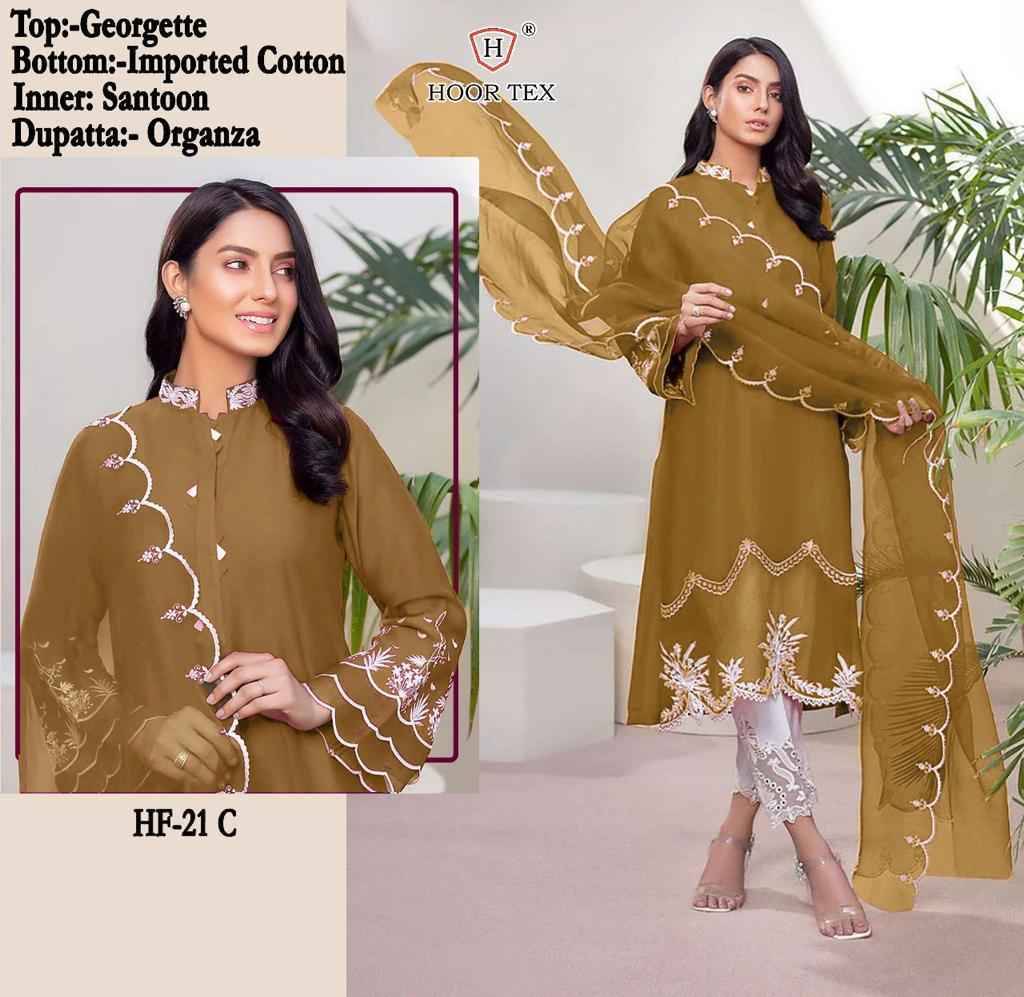 Hoor Tex Hit Design HF-21 Colours By Hoor Tex HF-21-A To HF-21-F Series Designer Festive Pakistani Suits Collection Beautiful Stylish Fancy Colorful Party Wear & Occasional Wear Heavy Georgette Embroidered Dresses At Wholesale Price