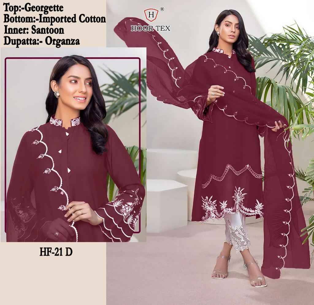 Hoor Tex Hit Design HF-21 Colours By Hoor Tex HF-21-A To HF-21-F Series Designer Festive Pakistani Suits Collection Beautiful Stylish Fancy Colorful Party Wear & Occasional Wear Heavy Georgette Embroidered Dresses At Wholesale Price