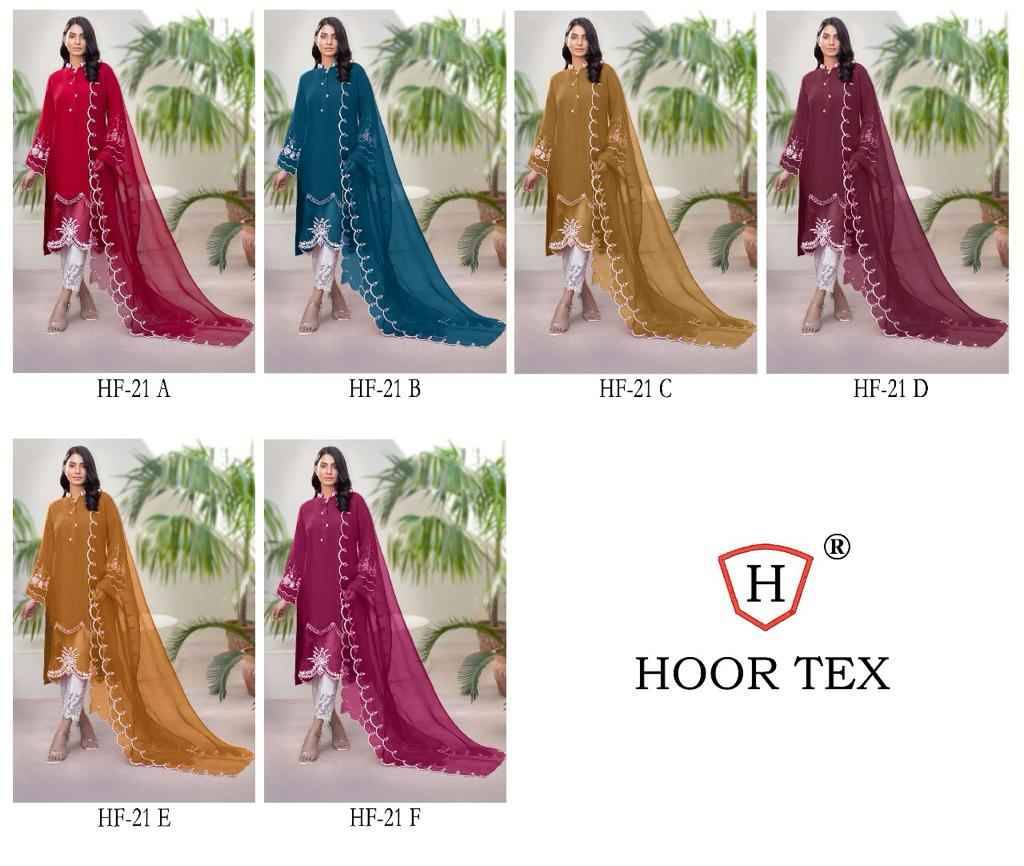 Hoor Tex Hit Design HF-21 Colours By Hoor Tex HF-21-A To HF-21-F Series Designer Festive Pakistani Suits Collection Beautiful Stylish Fancy Colorful Party Wear & Occasional Wear Heavy Georgette Embroidered Dresses At Wholesale Price